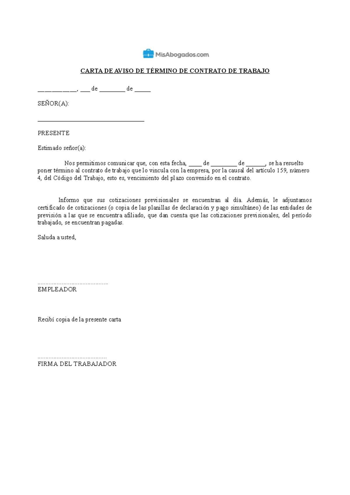 Formato Carta Despido - fewf - CARTA DE AVISO DE TÉRMINO DE CONTRATO DE ...