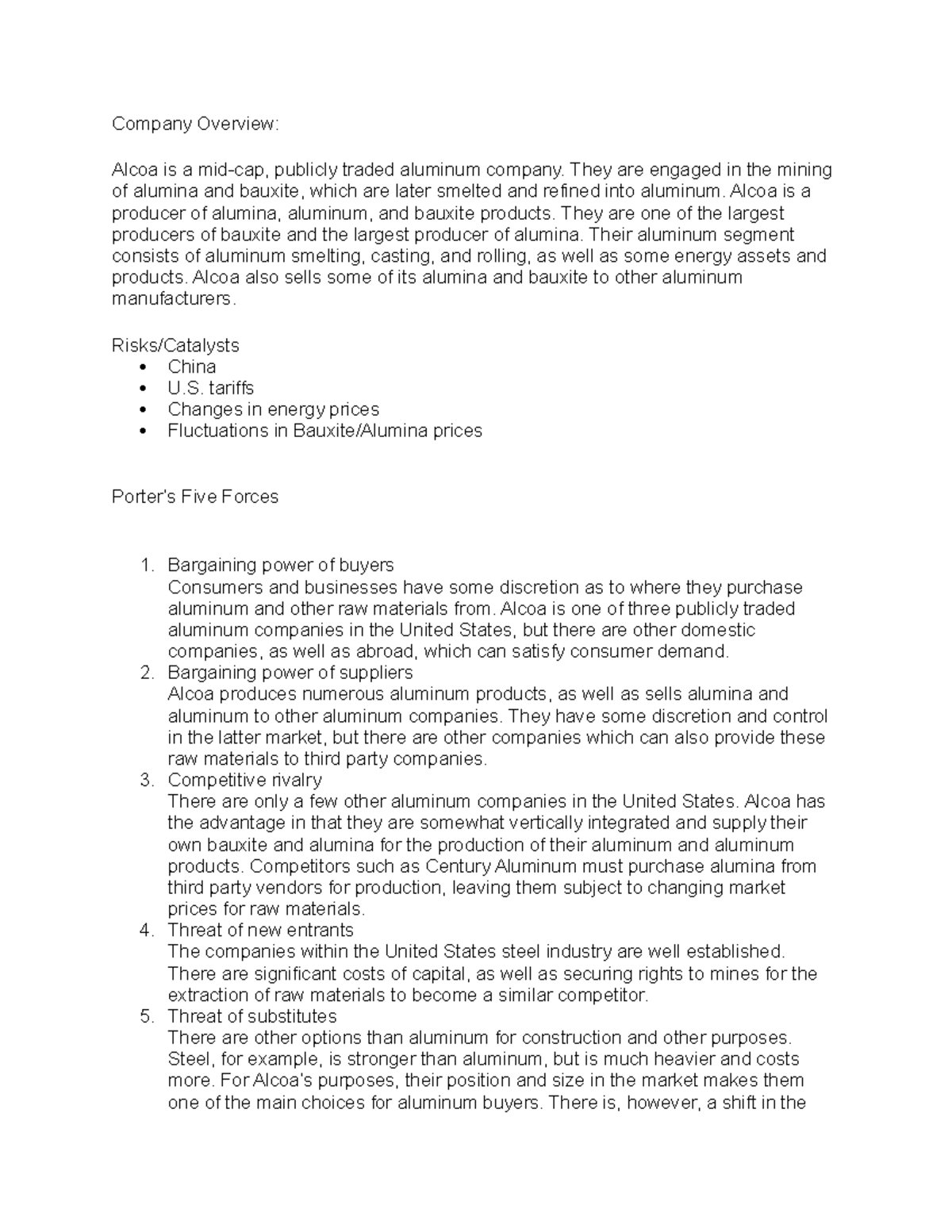 Company Overview for Fin305 Project Company Overview Alcoa is a mid