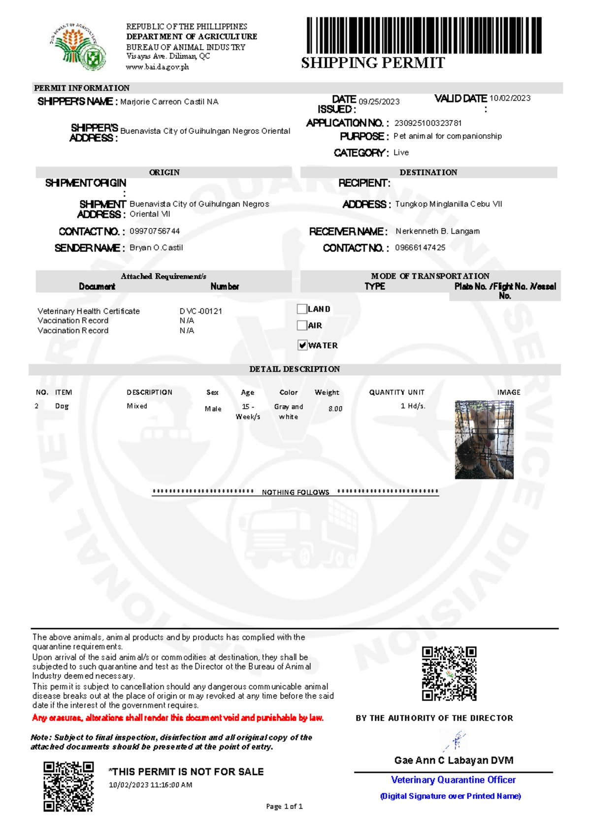 Shipping Permit Image This is for notes only BUREAU OF ANIMAL