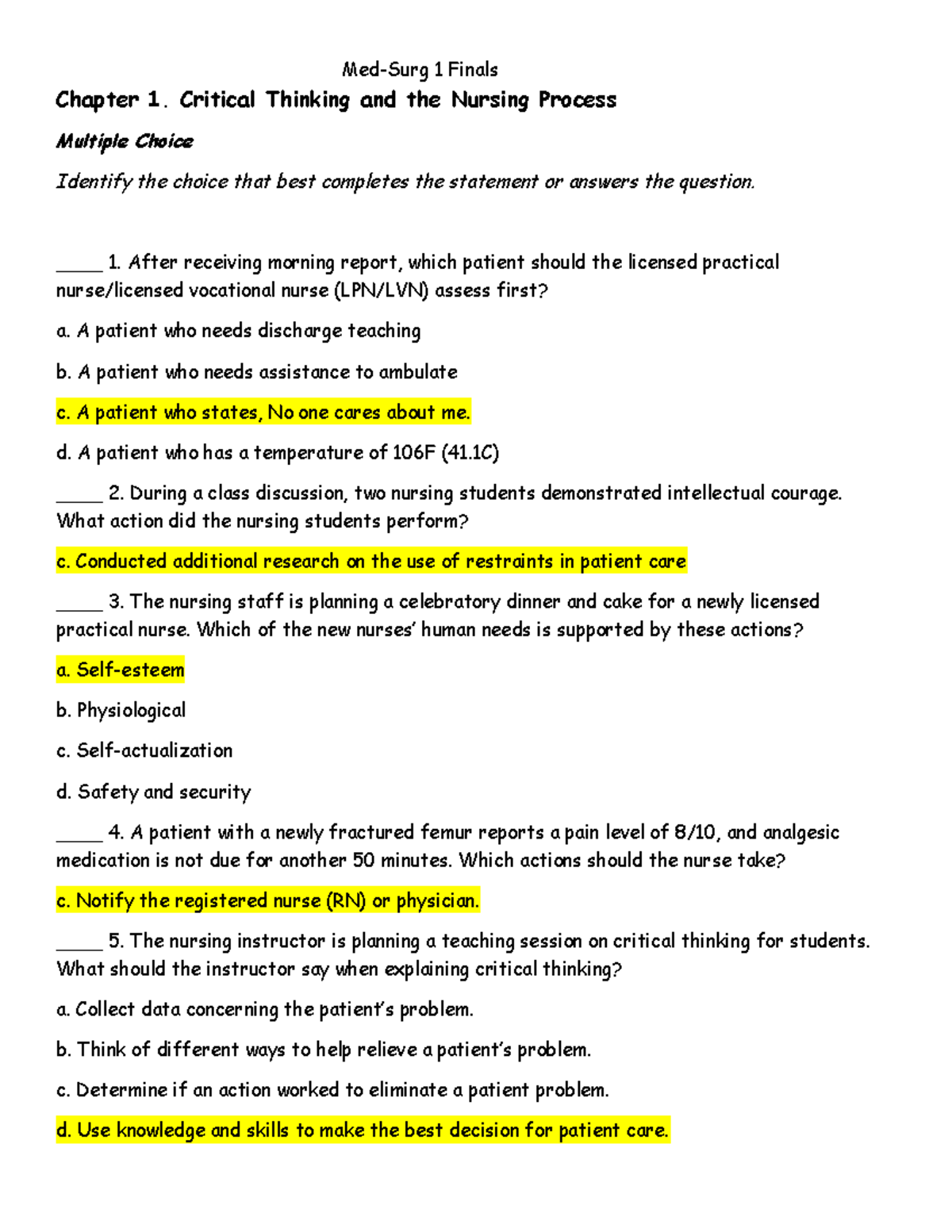 Med Surg Finals answers Chapter 1. Critical Thinking and the