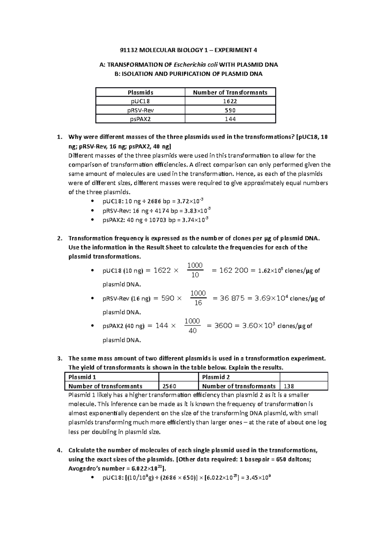 Molecular Biology 1 Transformation OF Escherichia coli WITH Plasmid DNA ...