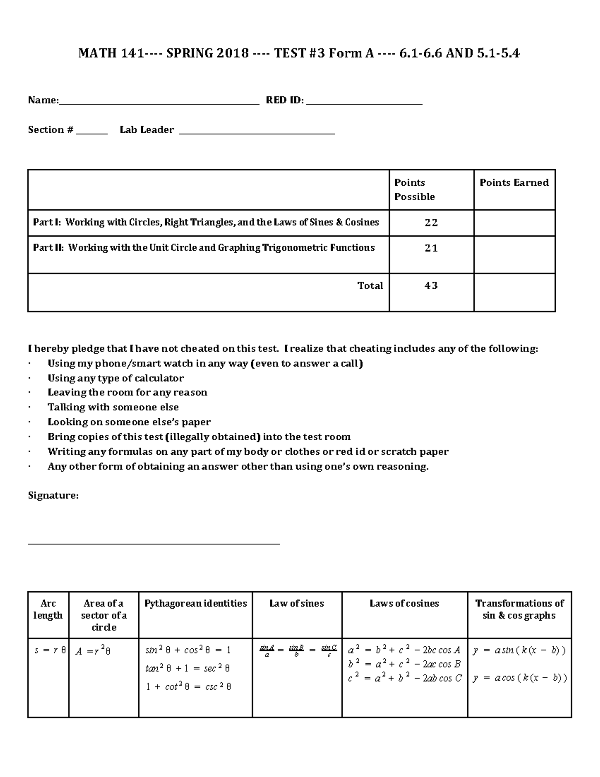 3A Math 141 Test 3A 2 Sa Sdds MATH 141 SPRING 2018 TEST 3