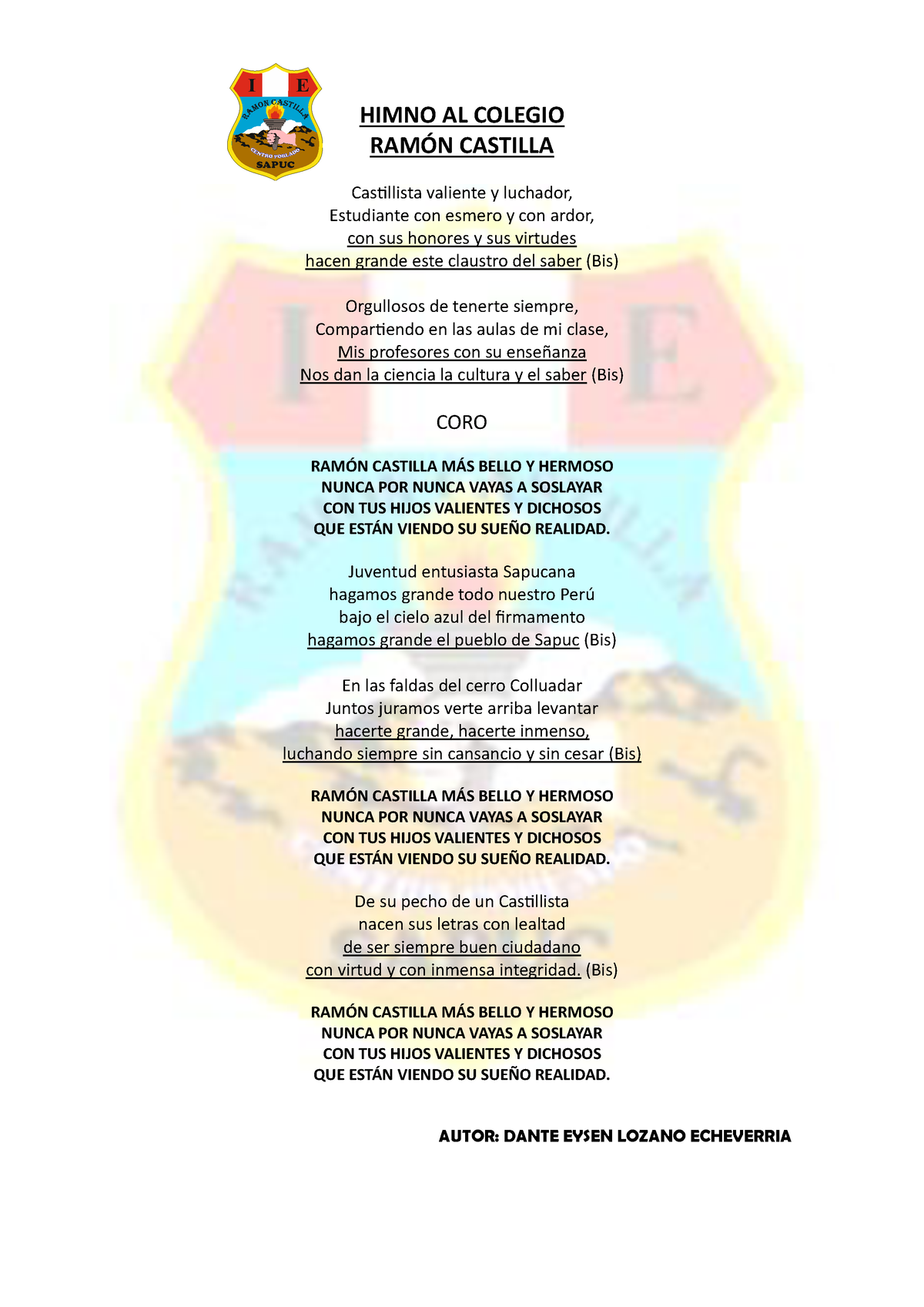 Himno Al Colegio Ramón Castilla 2022 I E Ram Oncastilla Sapuc Himno