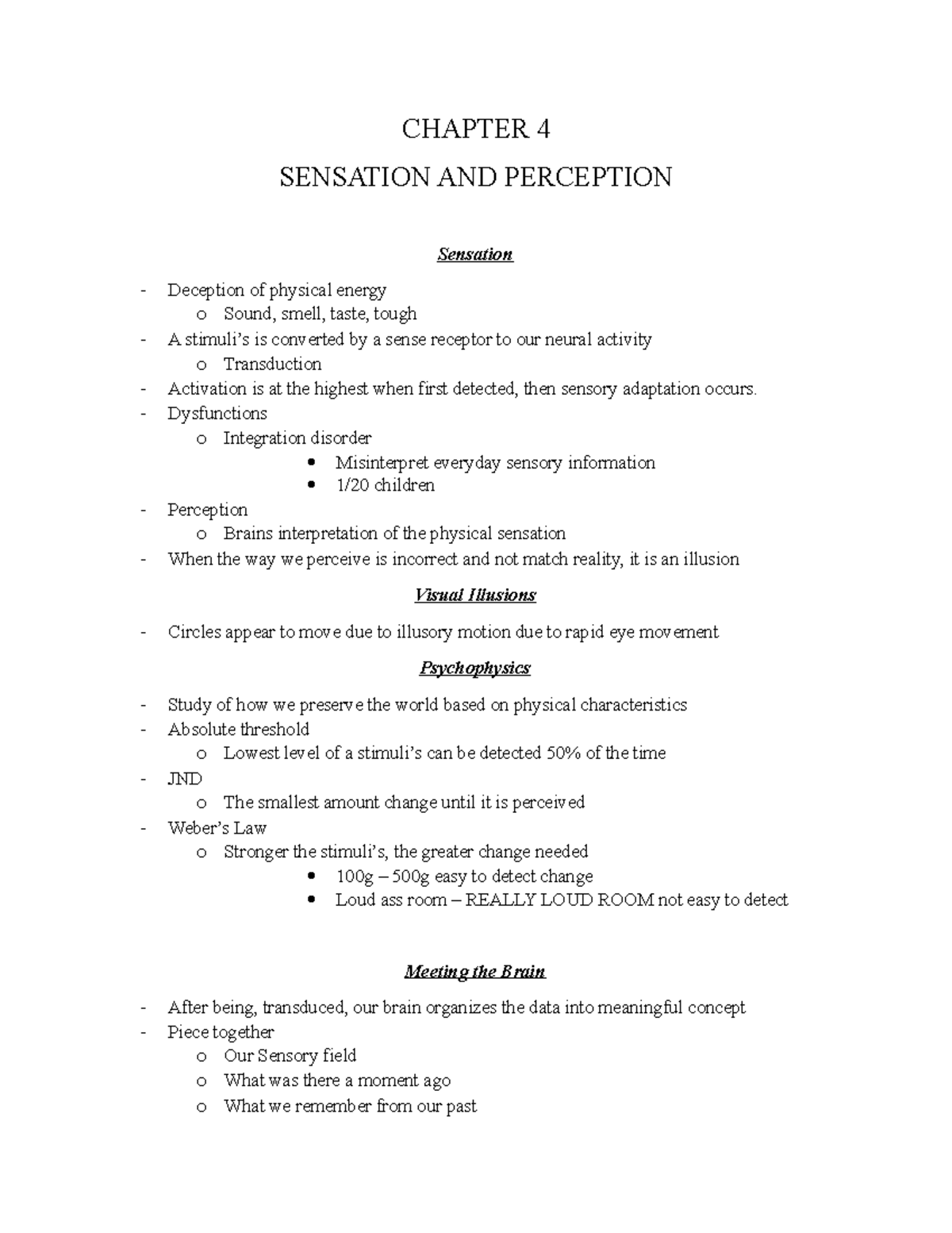 Chapter 4 Psych - CHAPTER 4 SENSATION AND PERCEPTION Sensation ...