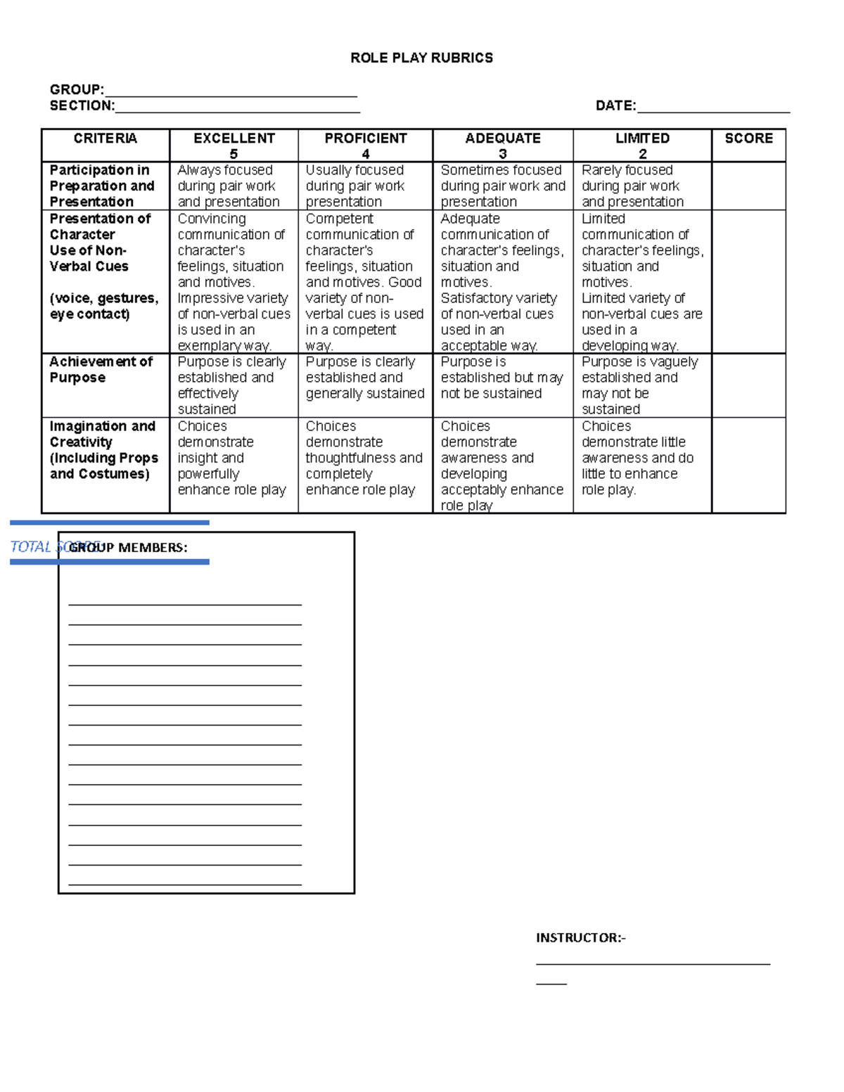 ROLE PLAY Rubrics This Is A Role Play ROLE PLAY RUBRICS GROUP