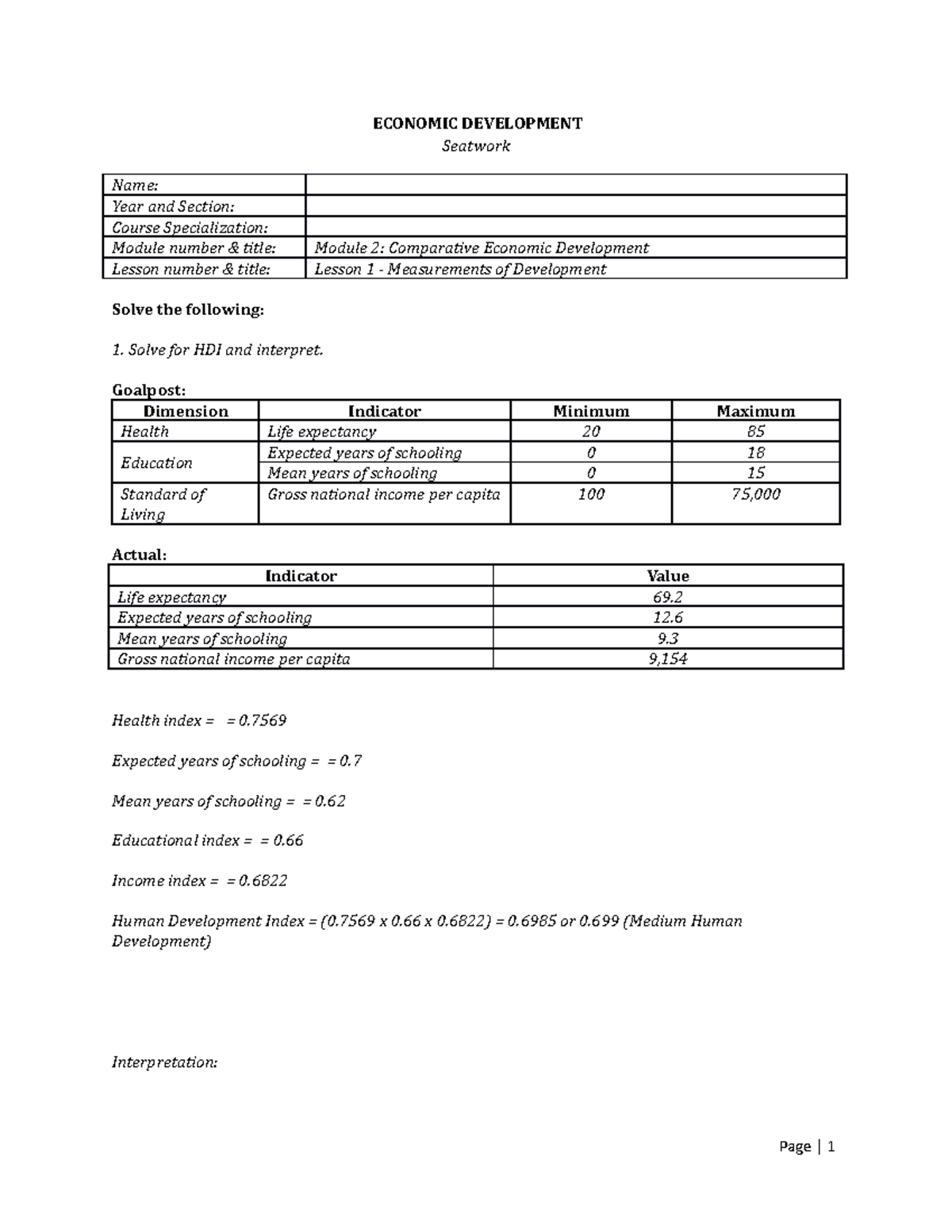 Measurements of Development - ECONOMIC DEVELOPMENT Seatwork Name: Year ...