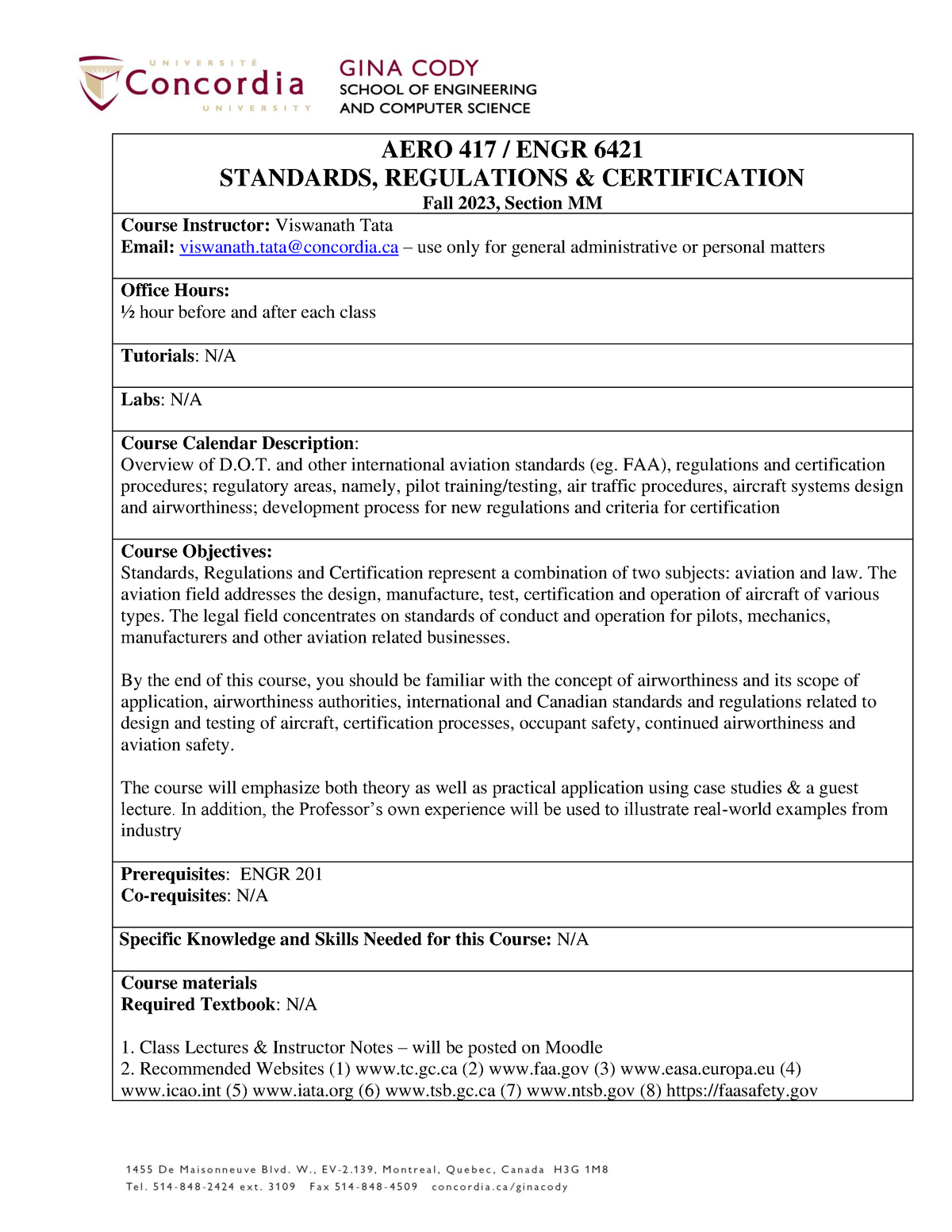 AERO 417 ENGR 6421 Course Outline AERO 417 / ENGR 6421 STANDARDS