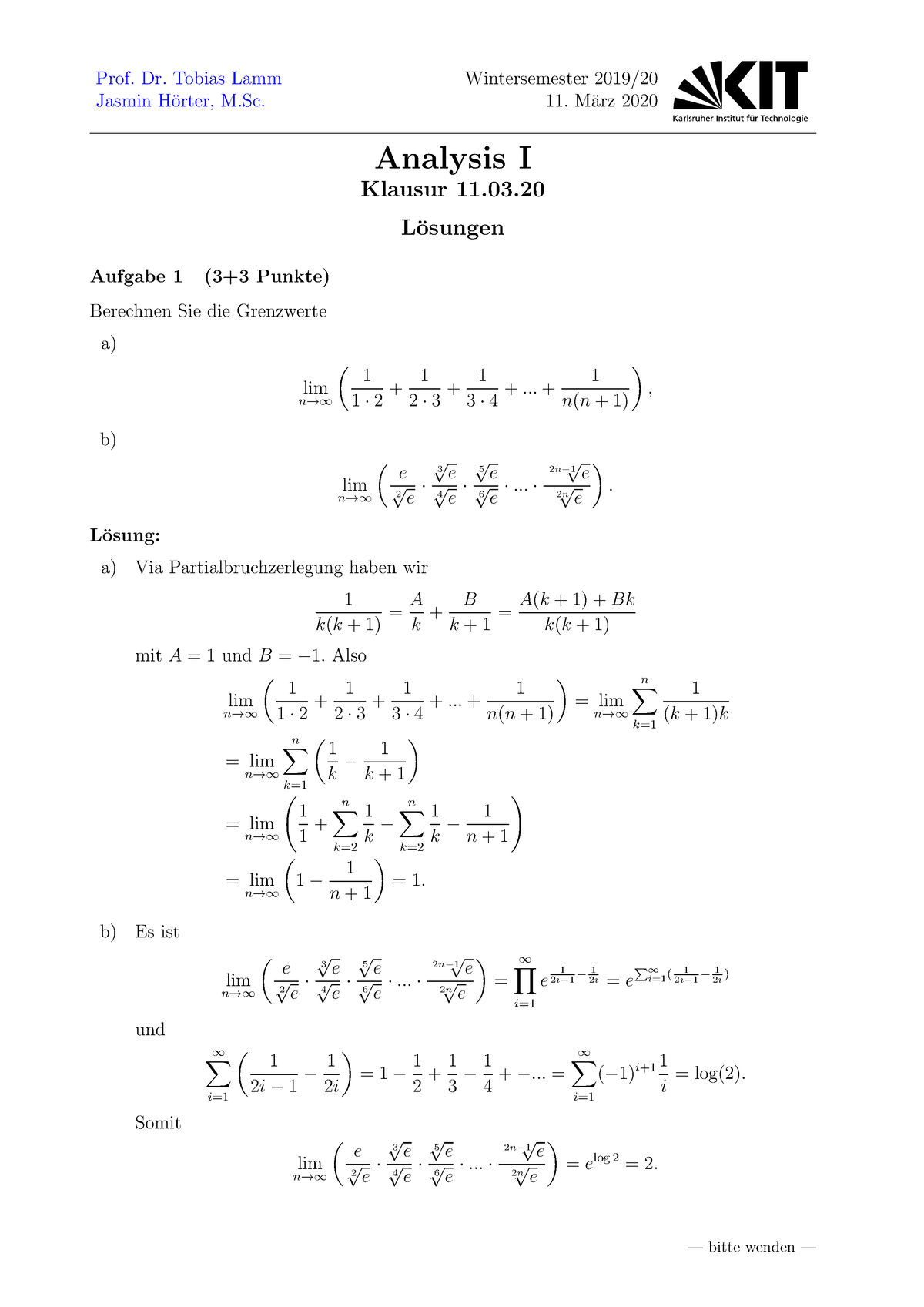 Analysis 1 Klausur Ws19 20 Mit Lösungsvorschlag Prof Dr Tobias Lamm Jasmin H ̈orter M