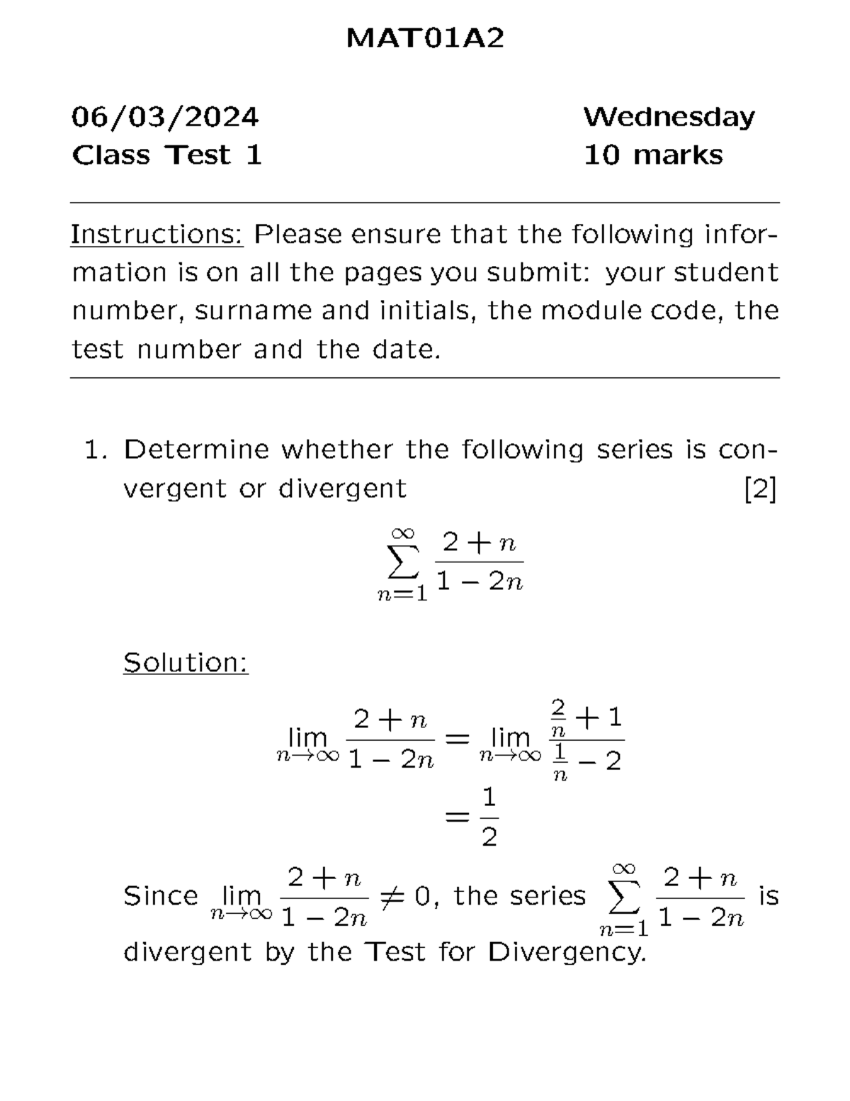 Class Test 1 Memo - MAT01A 06/03/2024 Wednesday Class Test 1 10 marks ...