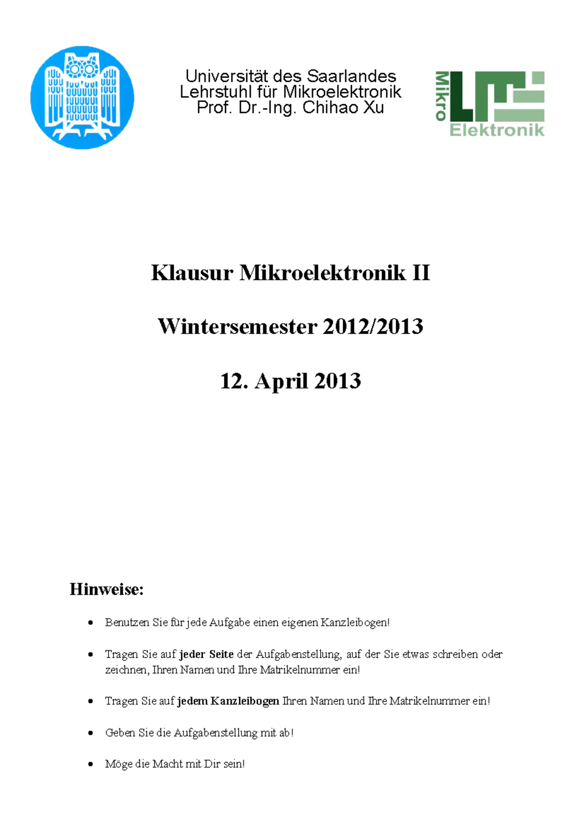 Klausur April Wintersemester Fragen Universit T Des