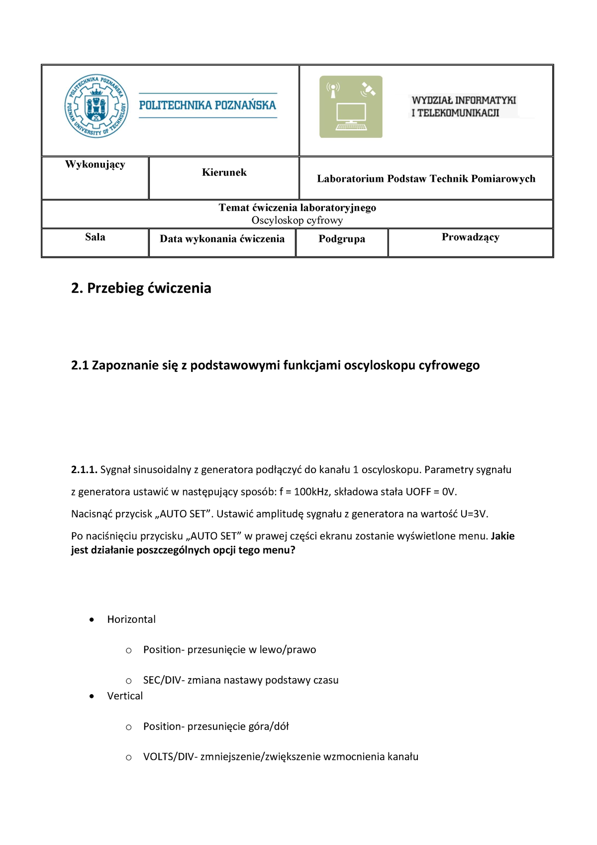 Oscyloskop Cyfrowy Sprawozdanie Podstawy Technik Pomiarowych ...