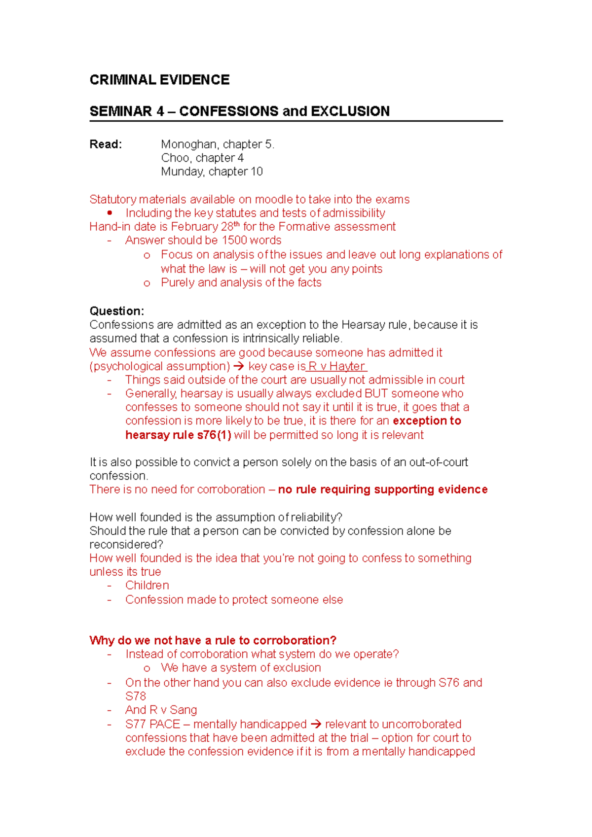 S4 - Confessions and Exclusion - CRIMINAL EVIDENCE SEMINAR 4 ...