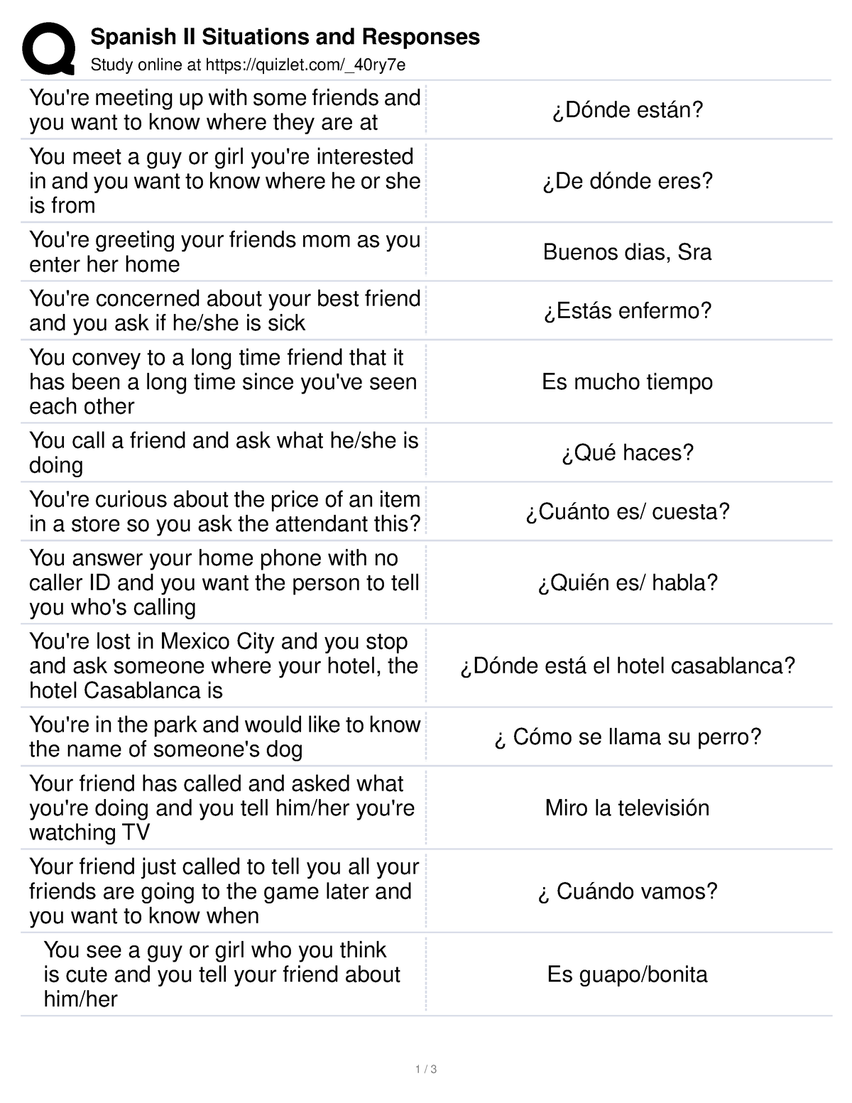 Spanish situations - Spanish II Situations and Responses Study online ...