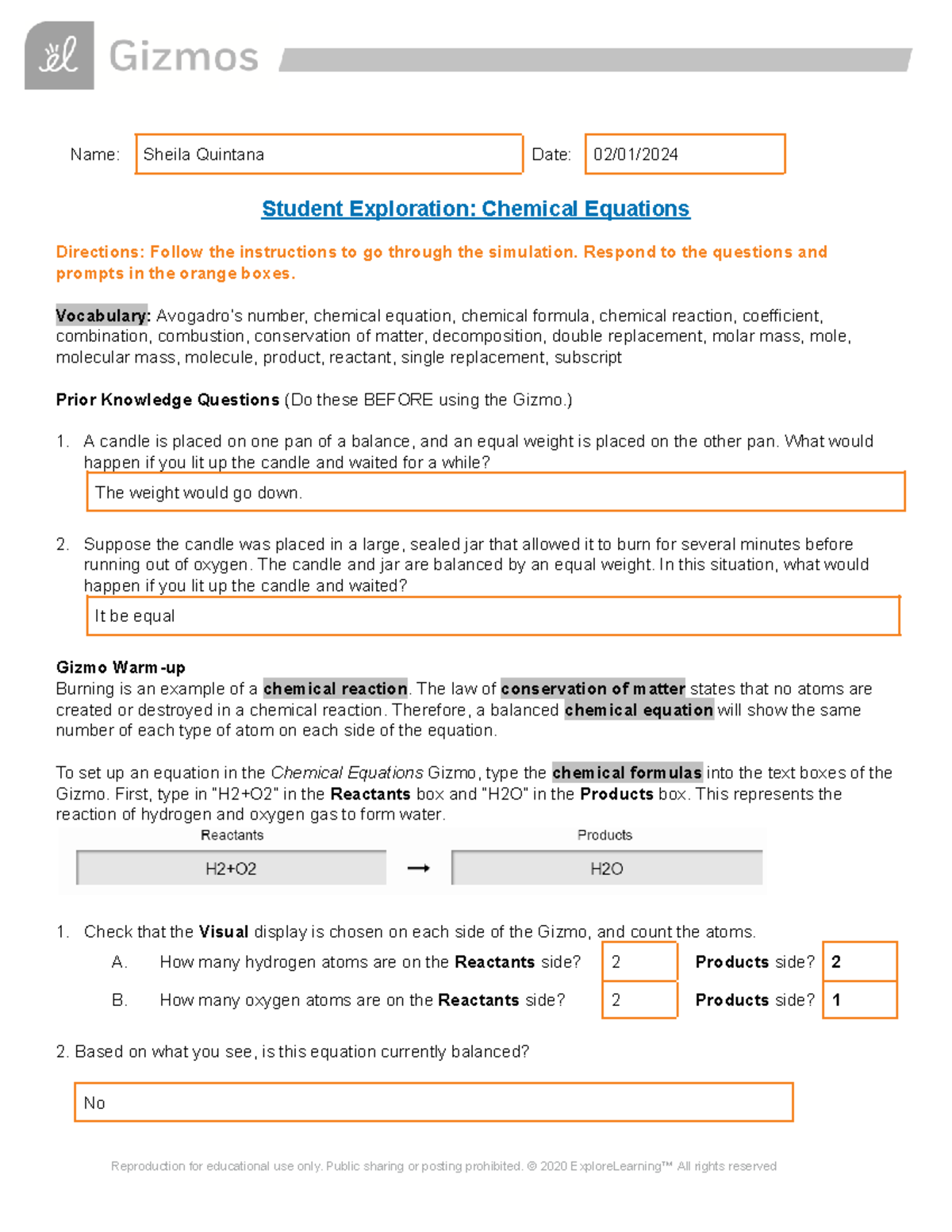Copy of Chem Equations SE2 Name Sheila Quintana Date 02/01