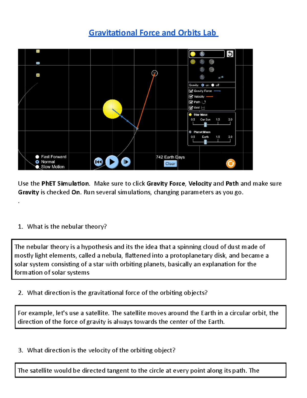 Copy Of Phet Simulation Orbits Gravitational Force And Orbits Lab 