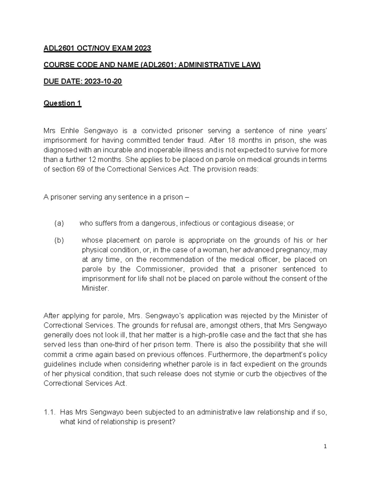 2023.10.20 ADL2601 EXAM Script. Student NO. 2 - ADL2601 OCT/NOV EXAM ...