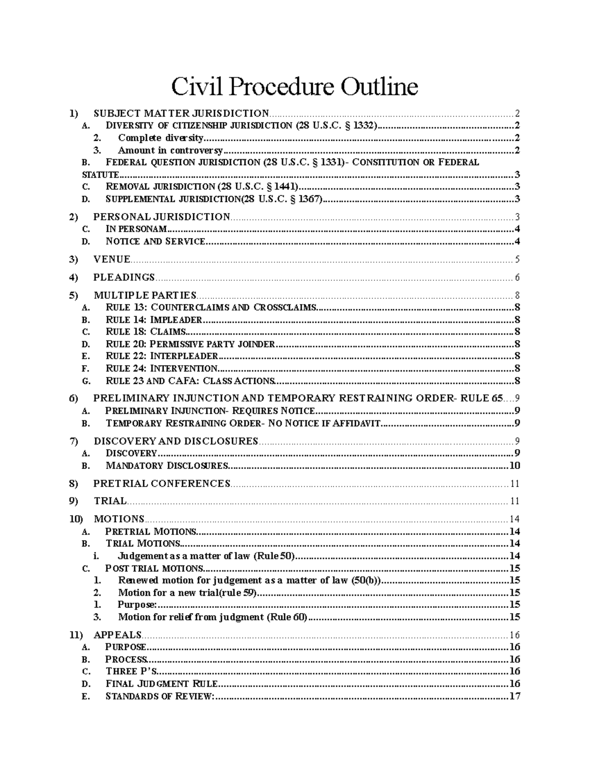 Civ Pro Outline 1 - Civil Procedure Outline SUBJECT MATTER - Studocu