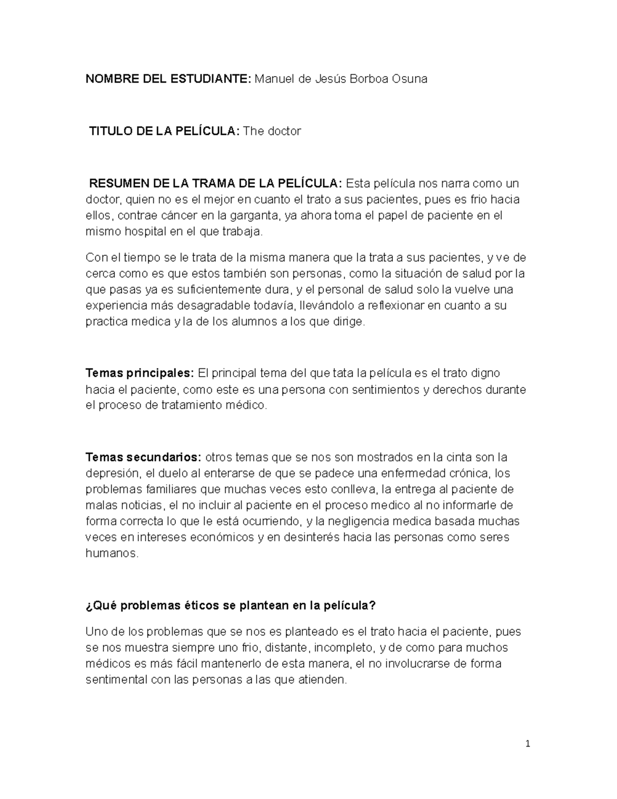 Reporte De Pelicula The Doctor Nombre Del Estudiante Manuel De Jesus Borboa Osuna Titulo De La Studocu