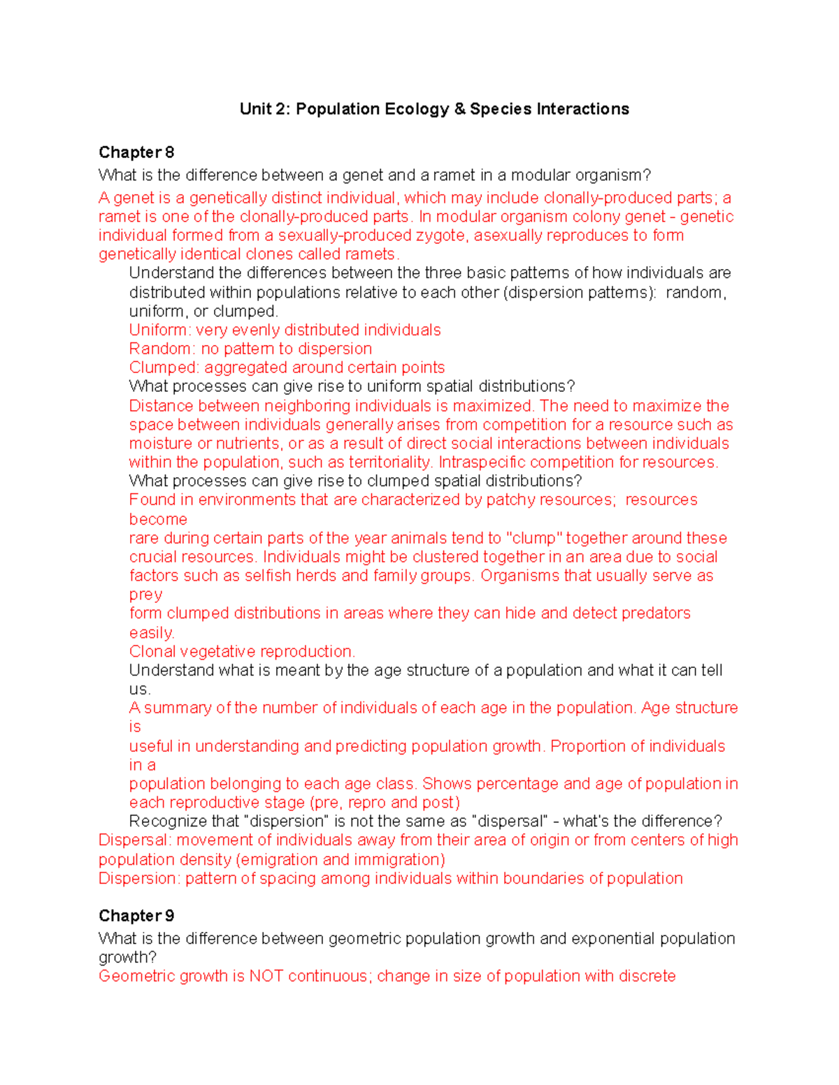 population ecology homework and study guide