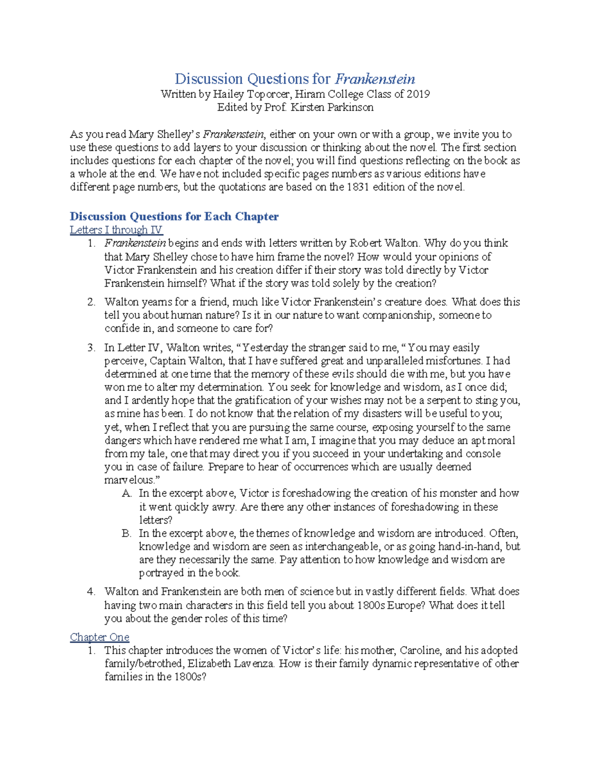 Discussion Questionsfor Frankenstein Discussion Questions for