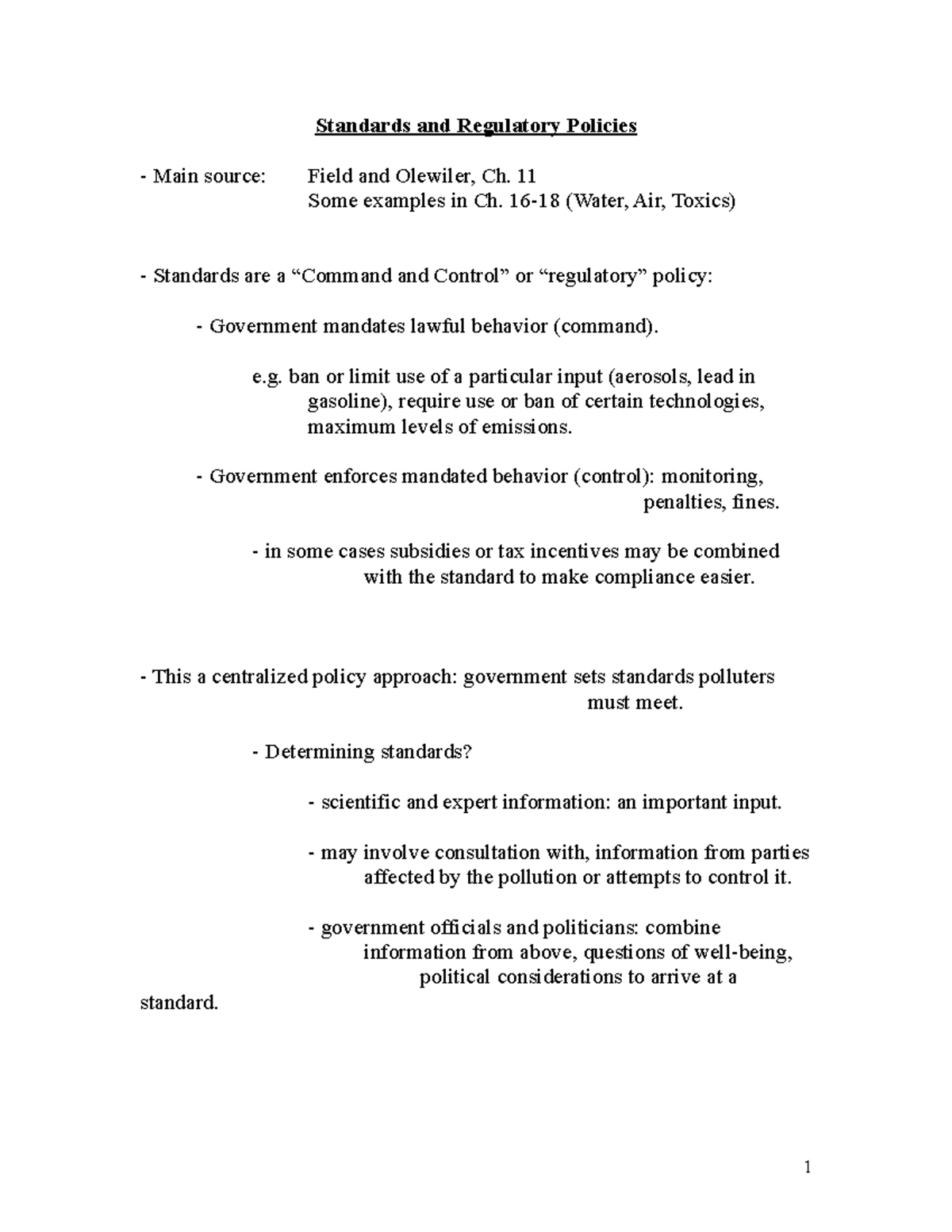 Envir 15f - Lecture note Lecture f - Standards and Regulatory Policies ...