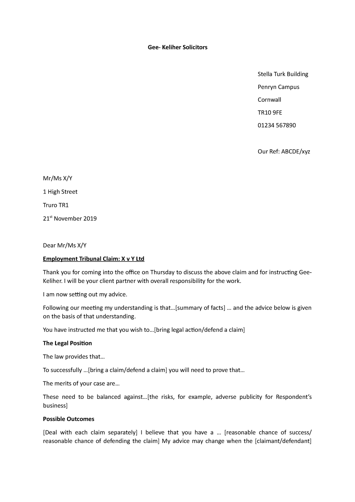 Template For Letter Of Advice Gee Keliher Solicitors Stella Turk 