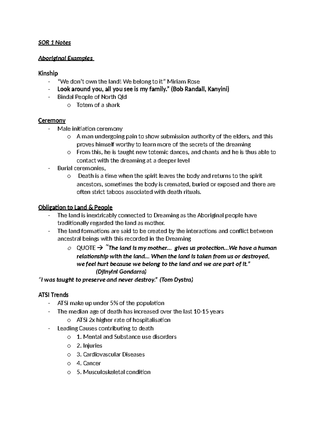 SOR 1 Notes - SOR 1 Notes Aboriginal Examples Kinship - “We don’t own ...