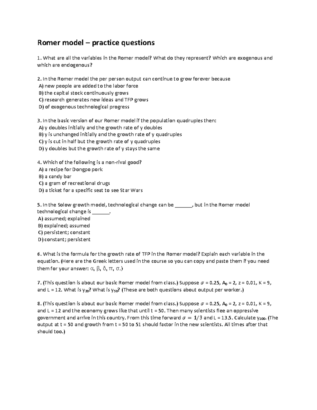 Romer model - practice questions - Romer model – practice questions ...