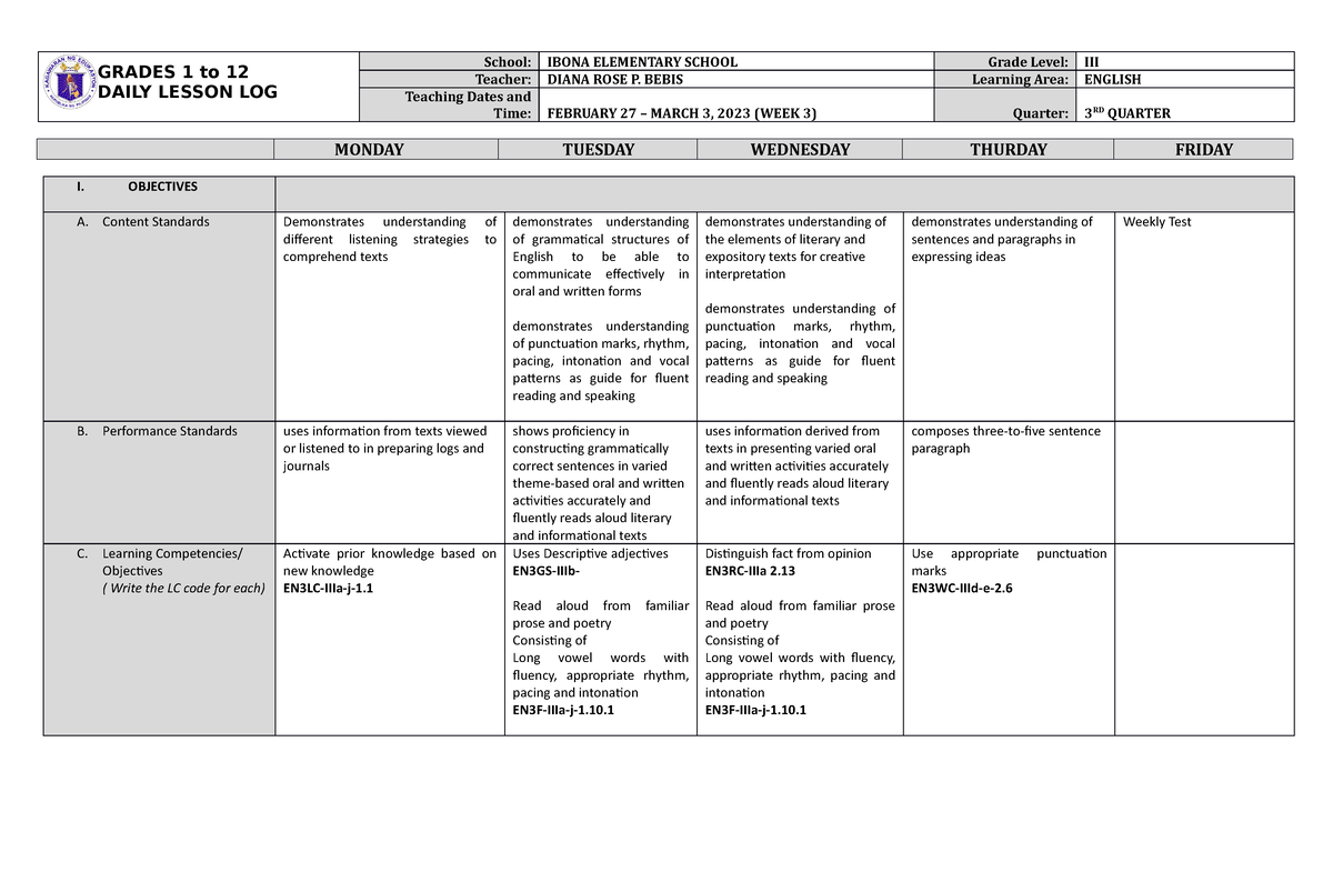 DLL English 3 Q3 W3 - So Interesting - GRADES 1 To 12 DAILY LESSON LOG ...