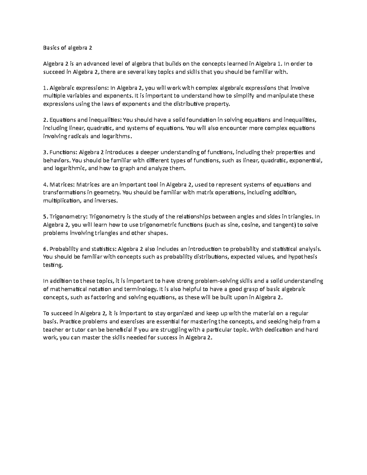 Algebra 2 - Basics of algebra 2 Algebra 2 is an advanced level of ...