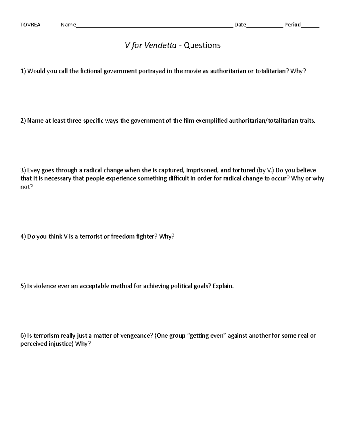 V For Vendetta Questions TOVREA Name