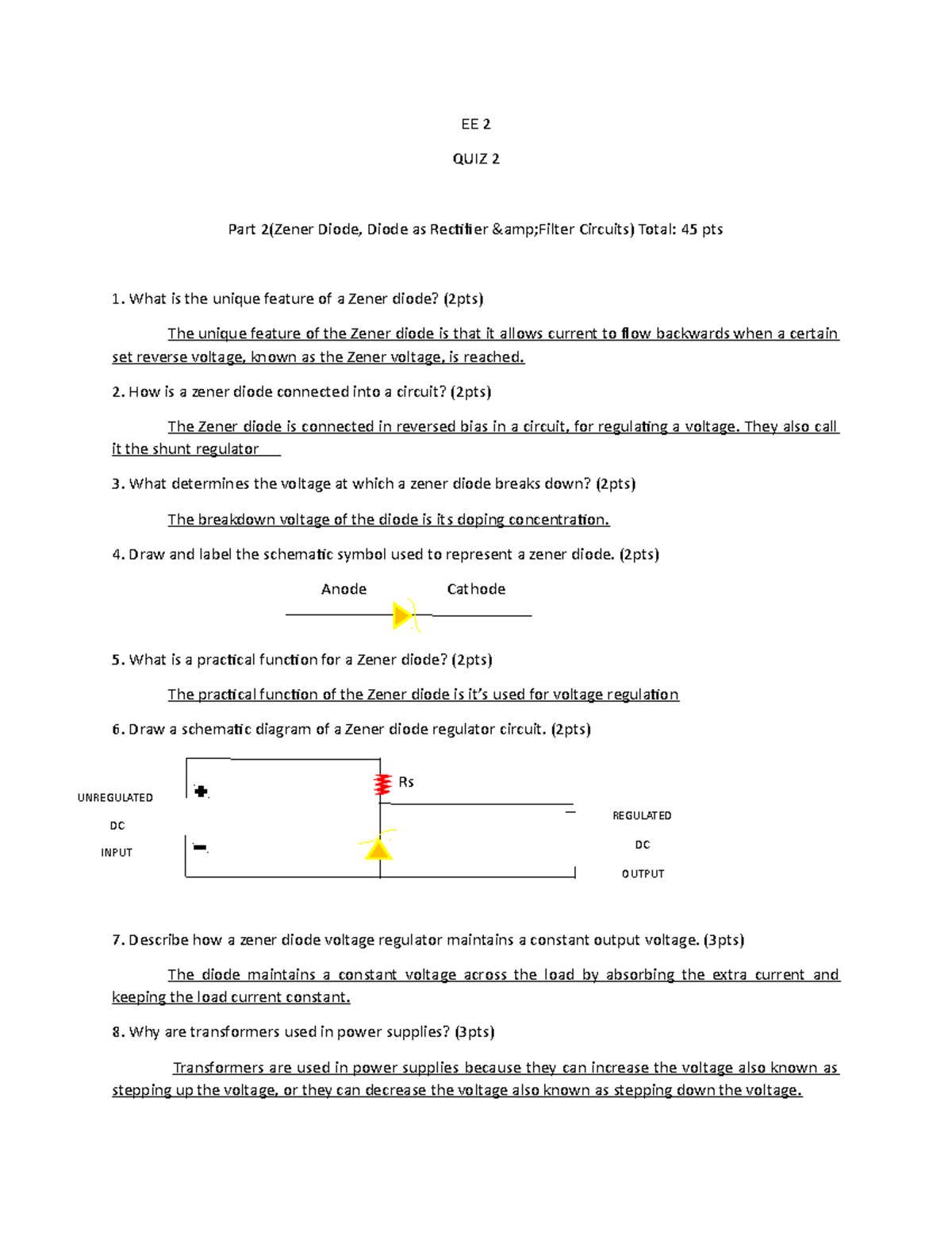 EE 2 Quiz 2 for engineer EE 2 QUIZ 2 Part 2(Zener Diode, Diode as