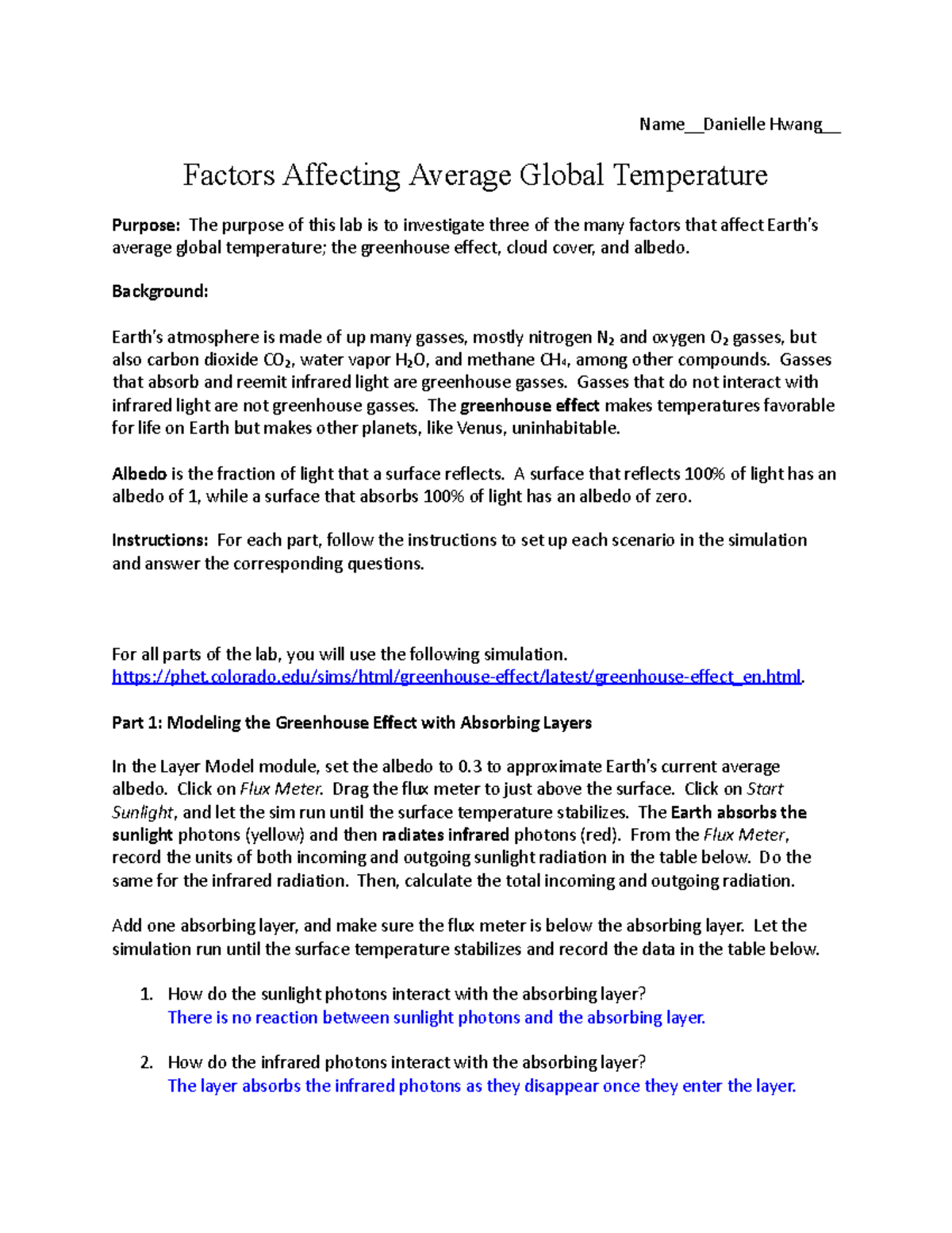 Global temperature lab.docx - Name__Danielle Hwang__ Factors Affecting ...