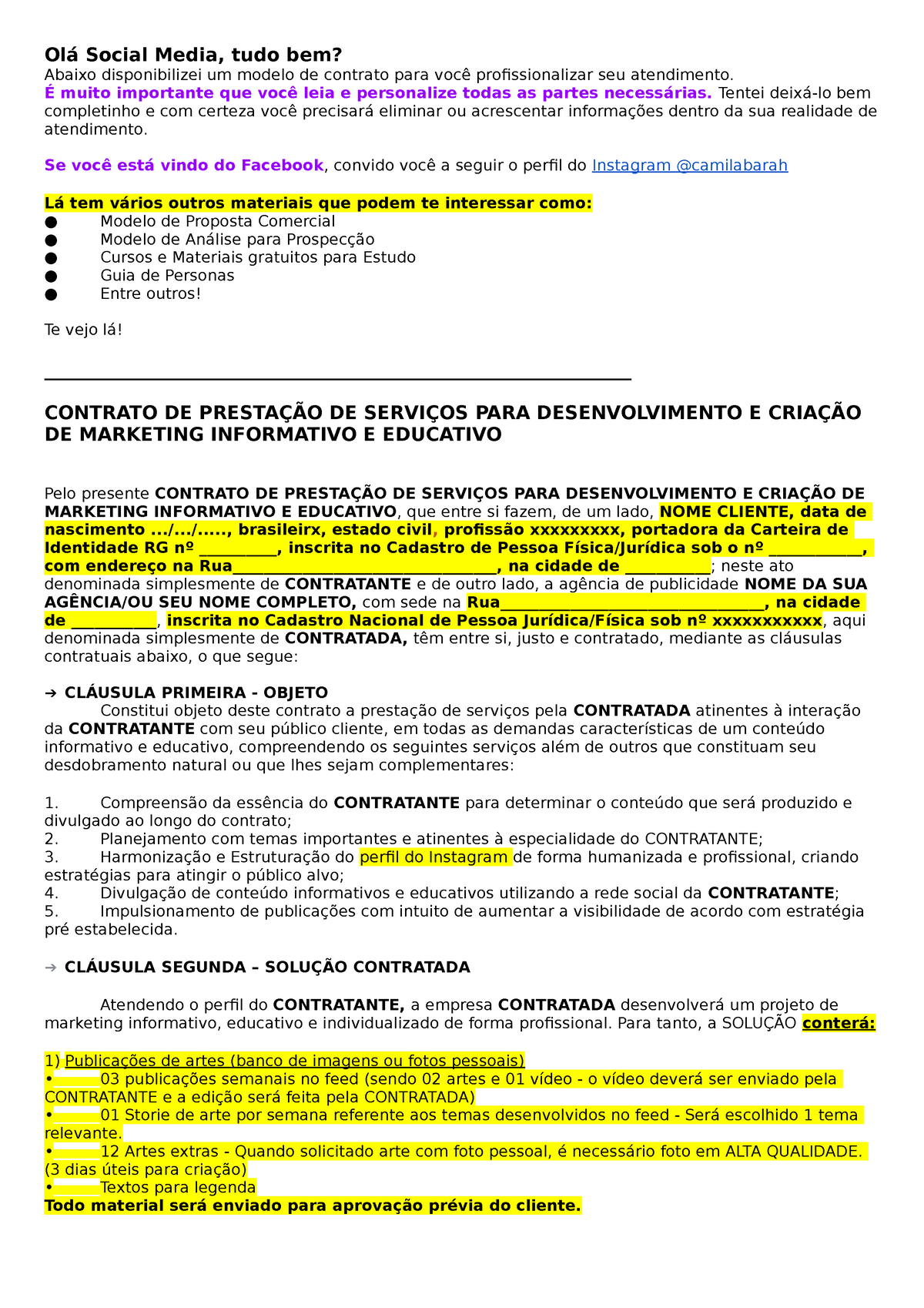 Modelo De Contrato Social Media Olá Social Media Tudo Bem Abaixo Disponibilizei Um Modelo De 9923