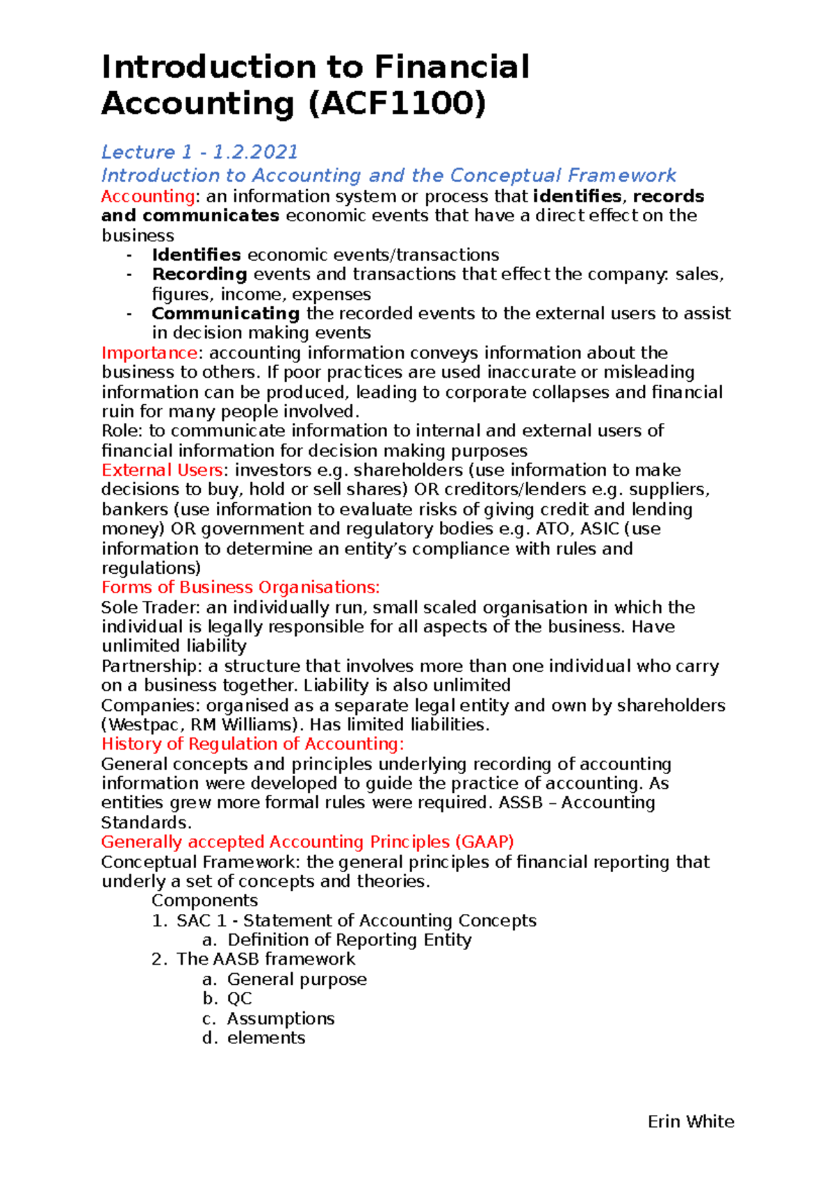 Financial Accounting Notes For Exam - Accounting (ACF1100) Lecture 1 ...