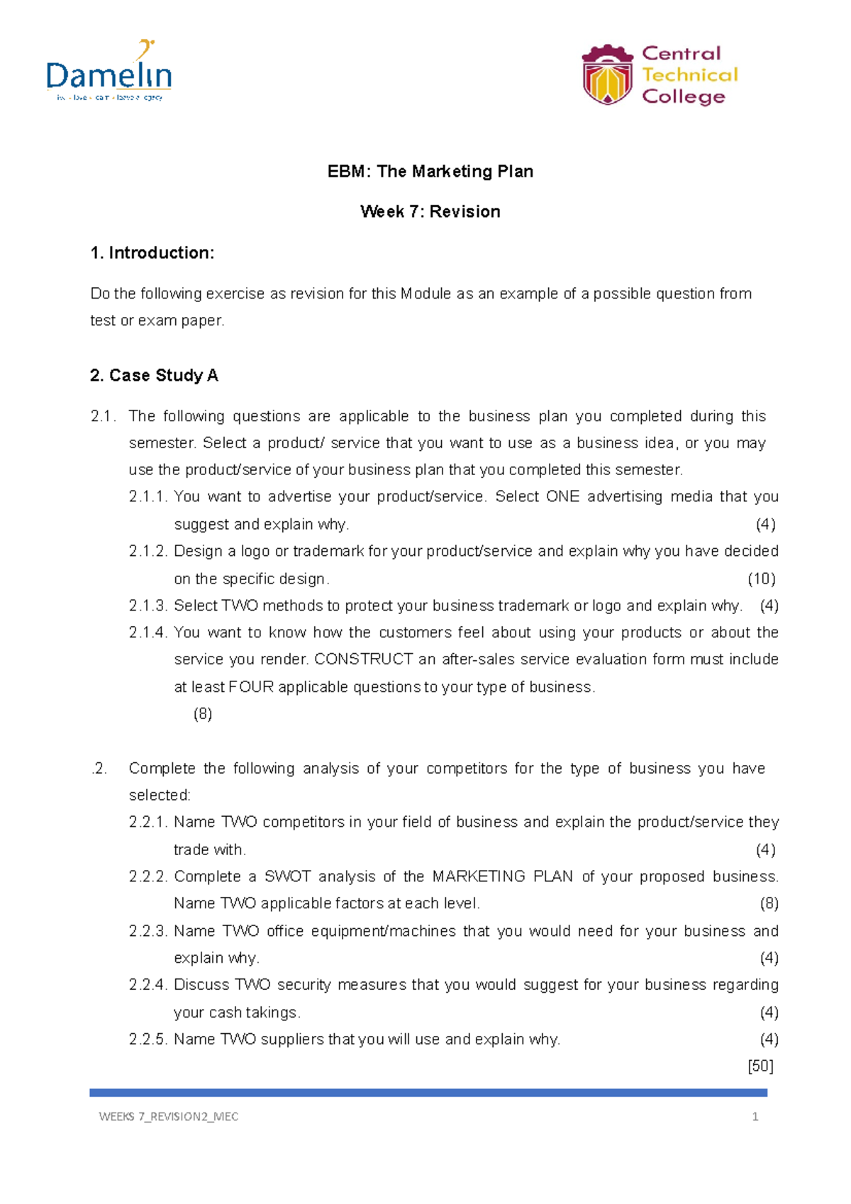 Week 7 Revision 2 MEC - EBM: The Marketing Plan Week 7: Revision 1 ...