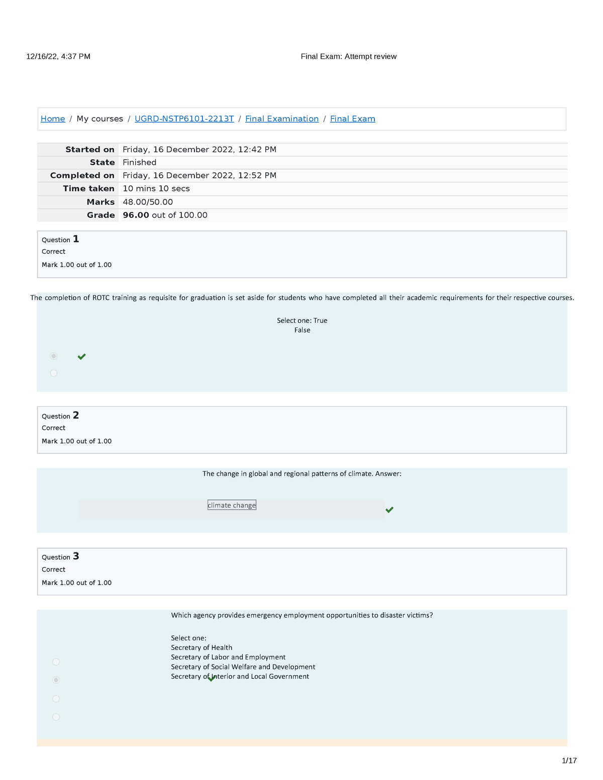 NSTP6101 Final Exam Attempt review - Home / My courses / UGRD