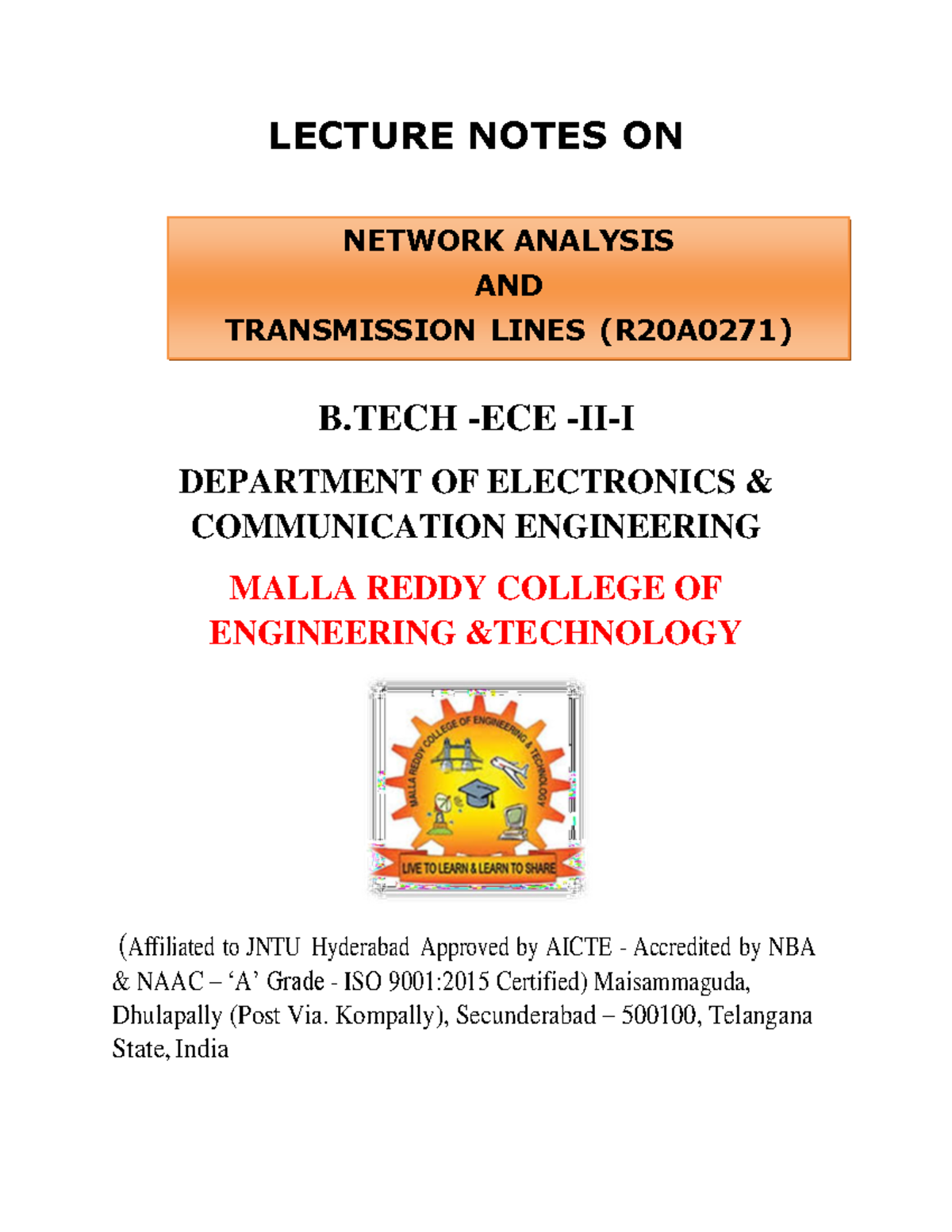 Network Analysis AND Transmission Lines - LECTURE NOTES ON B - ECE - II ...