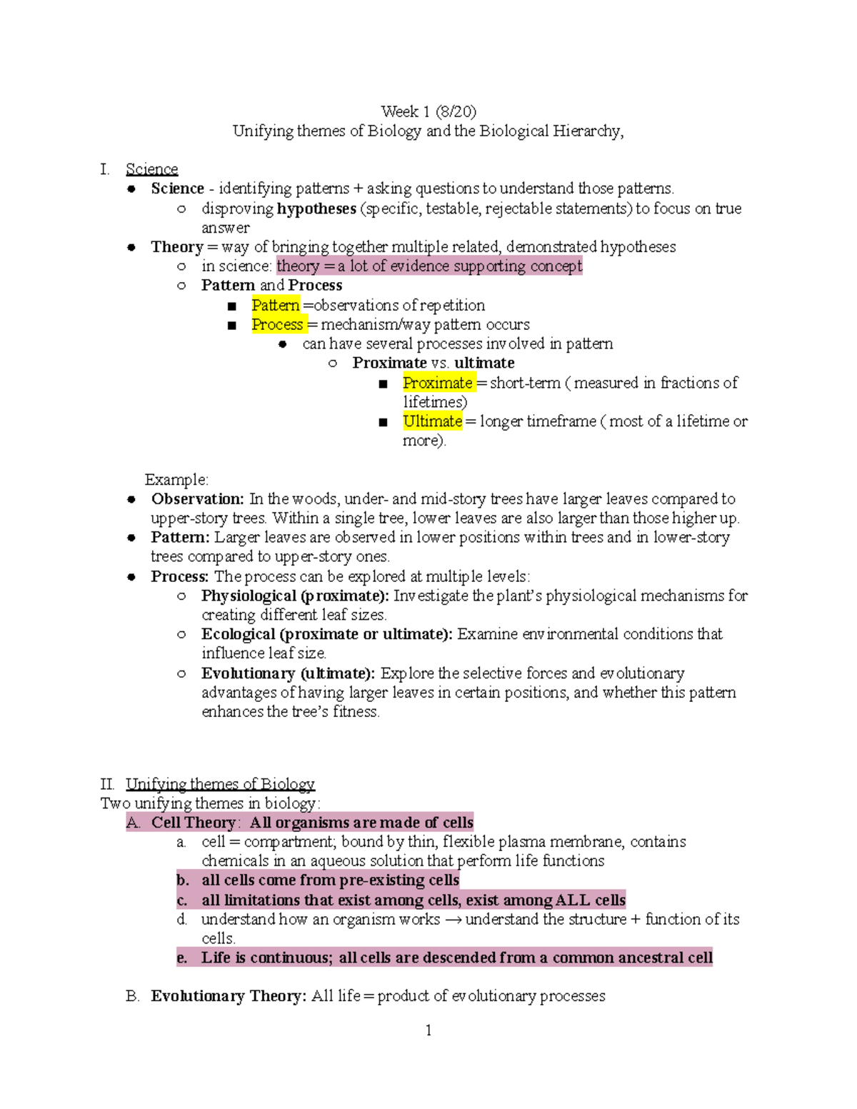 Lecture week 1 (8-20) - Notes unifying themes and hierarchy - Week 1 (8 ...
