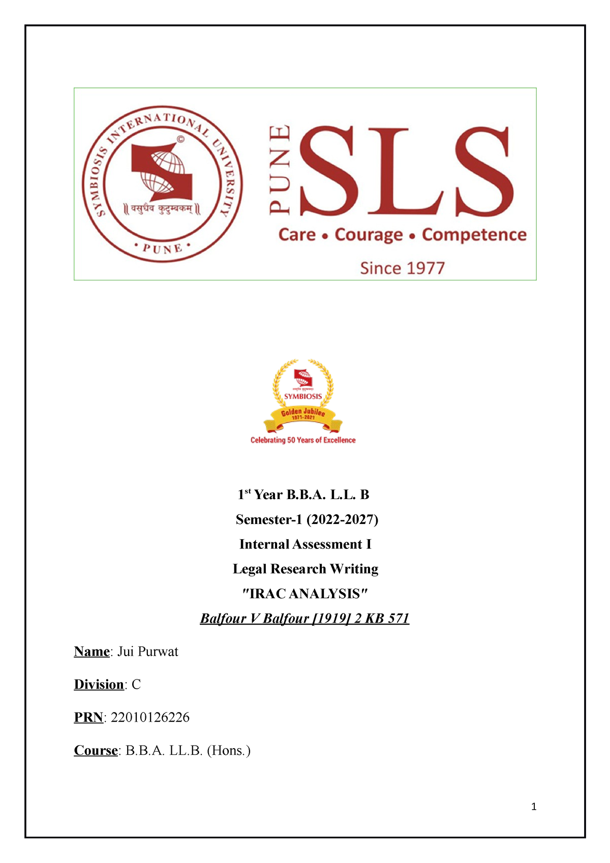 IRAC Analysis Of Balfour V. Balfour - 1 St Year B.B. L. B Semester-1 ...