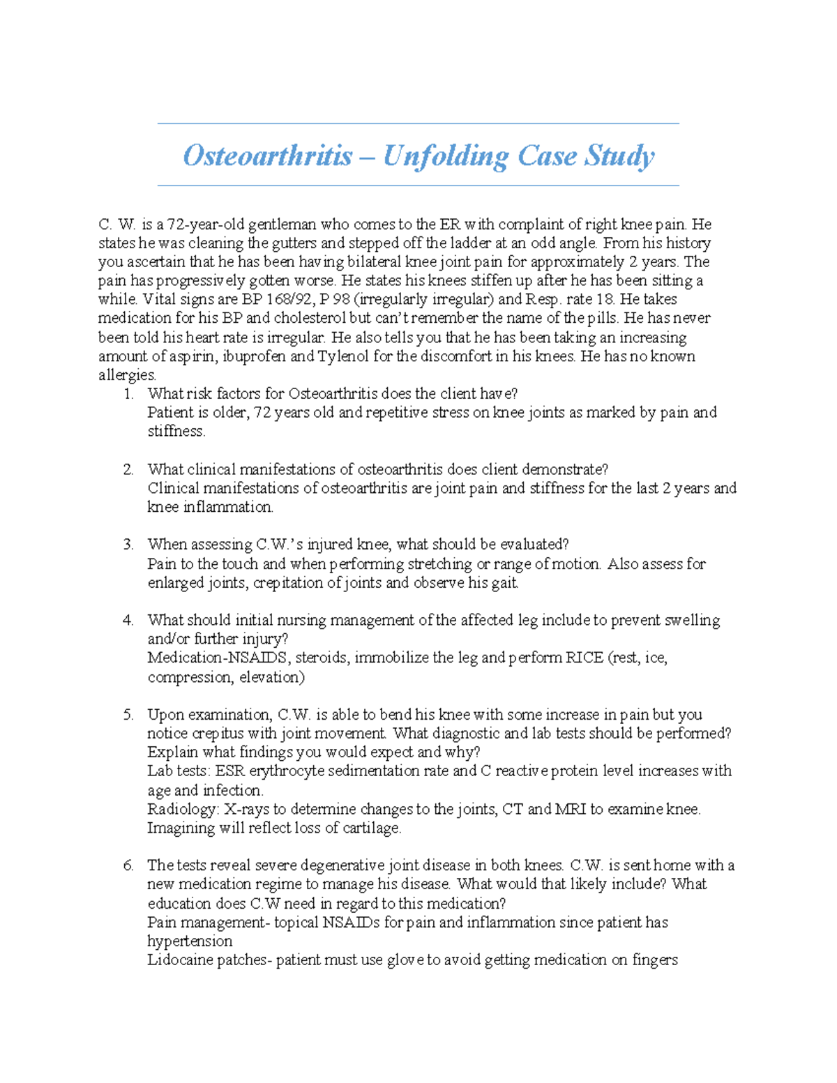 Osteoarthritis Unfolding Case Study Osteoarthritis Unfolding Case