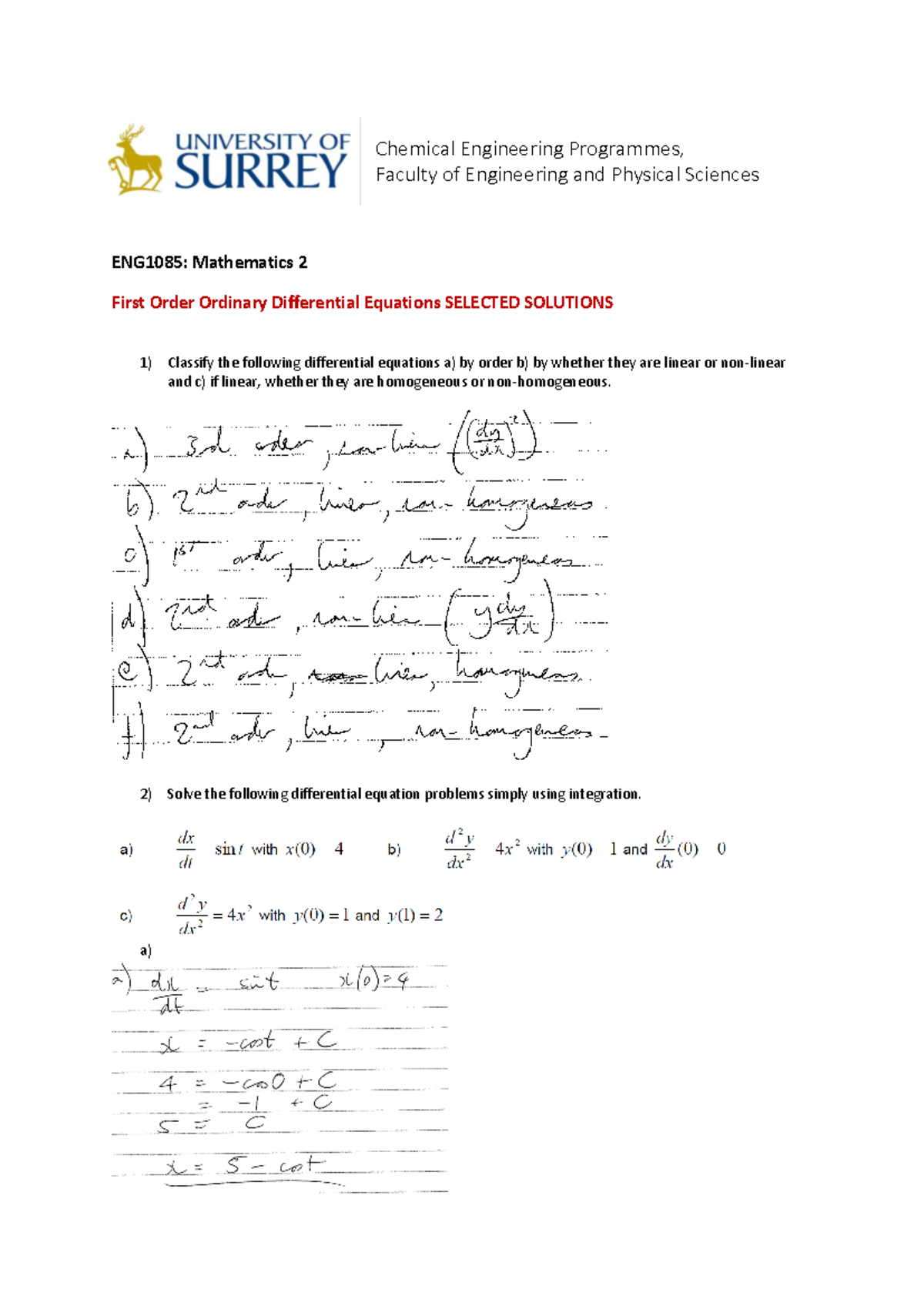 A First Order ODE Solutions Selected - Chemical Engineering Programmes ...