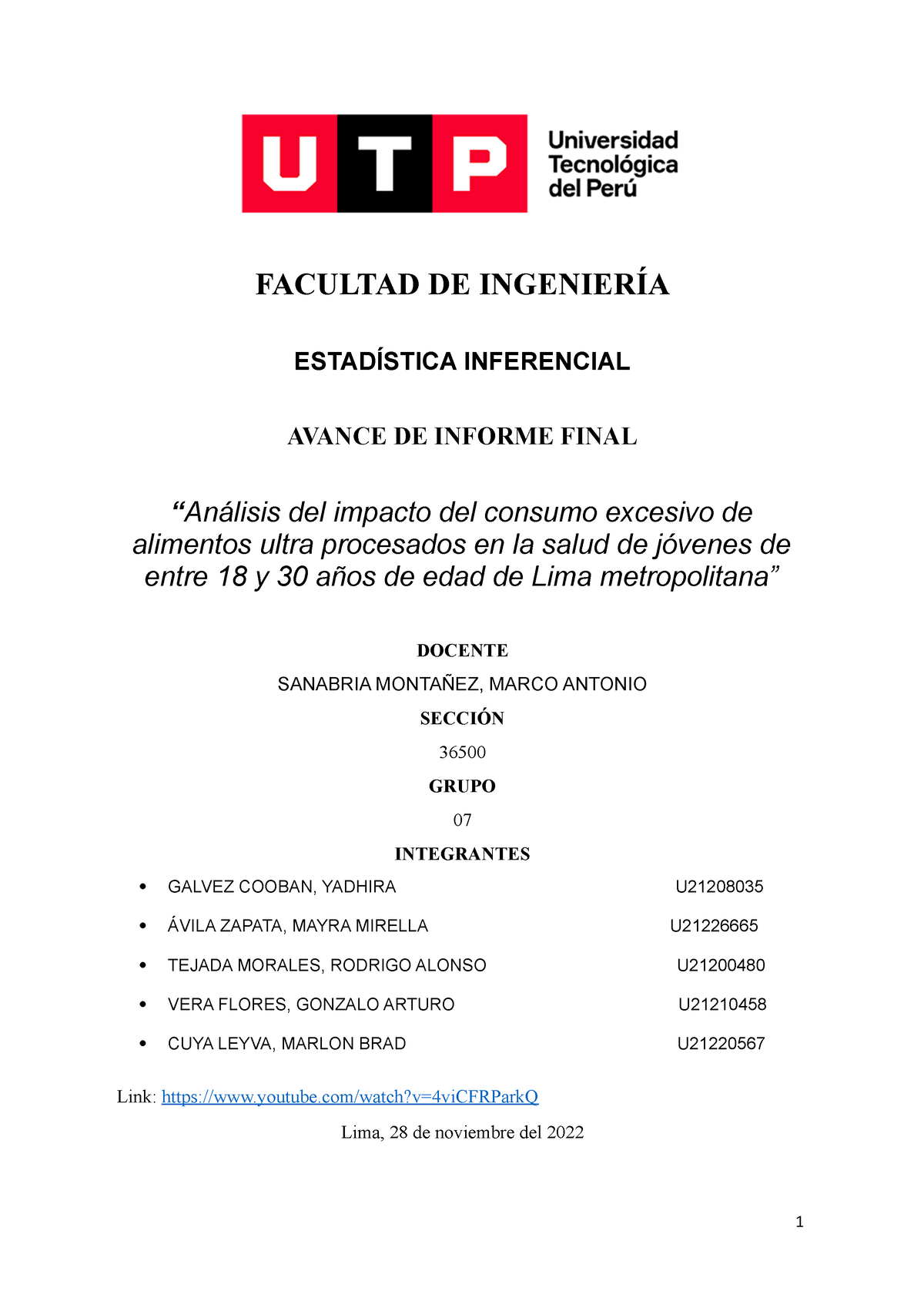 Trabajo Final Estadistica - FACULTAD DE INGENIERÍA ESTADÍSTICA ...