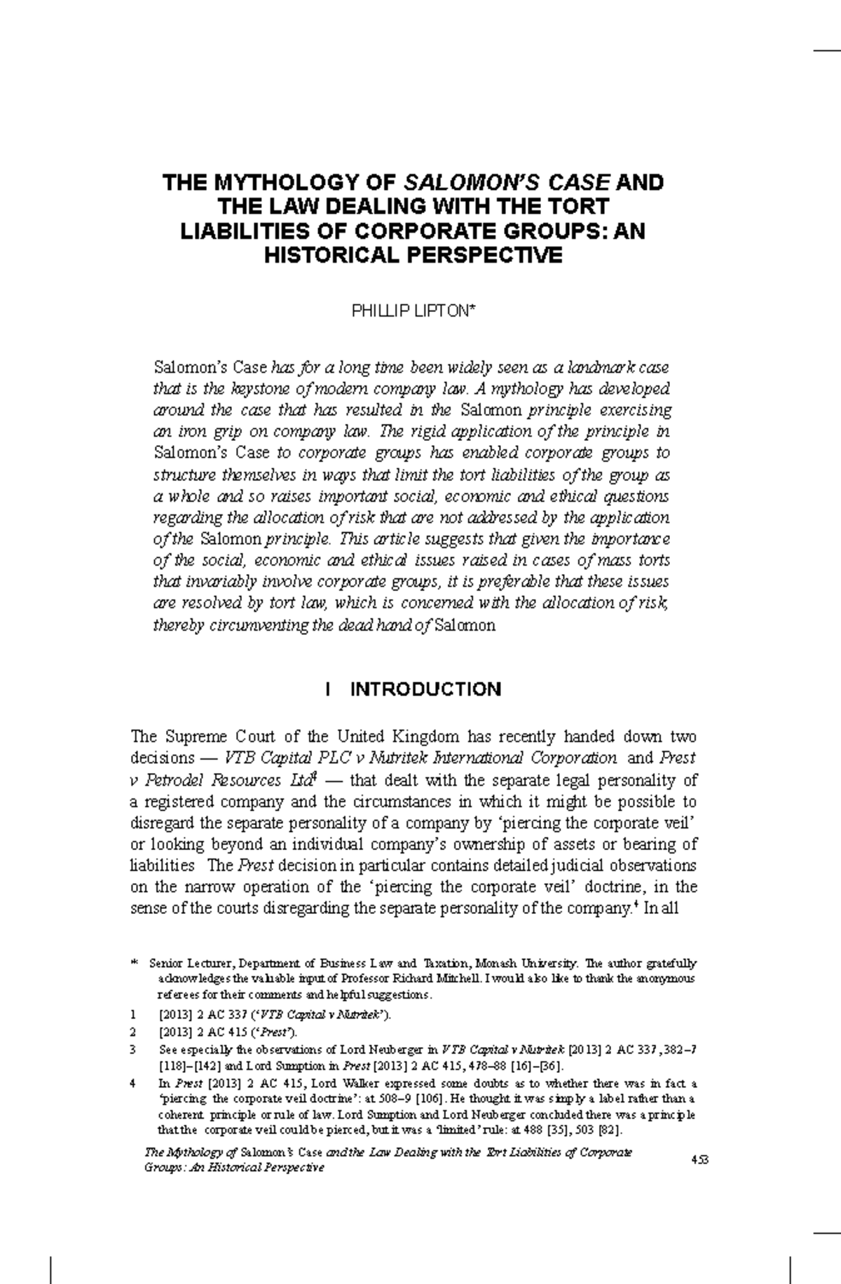 The Mythology of Salomons Case and the Law Dealing with the Tort