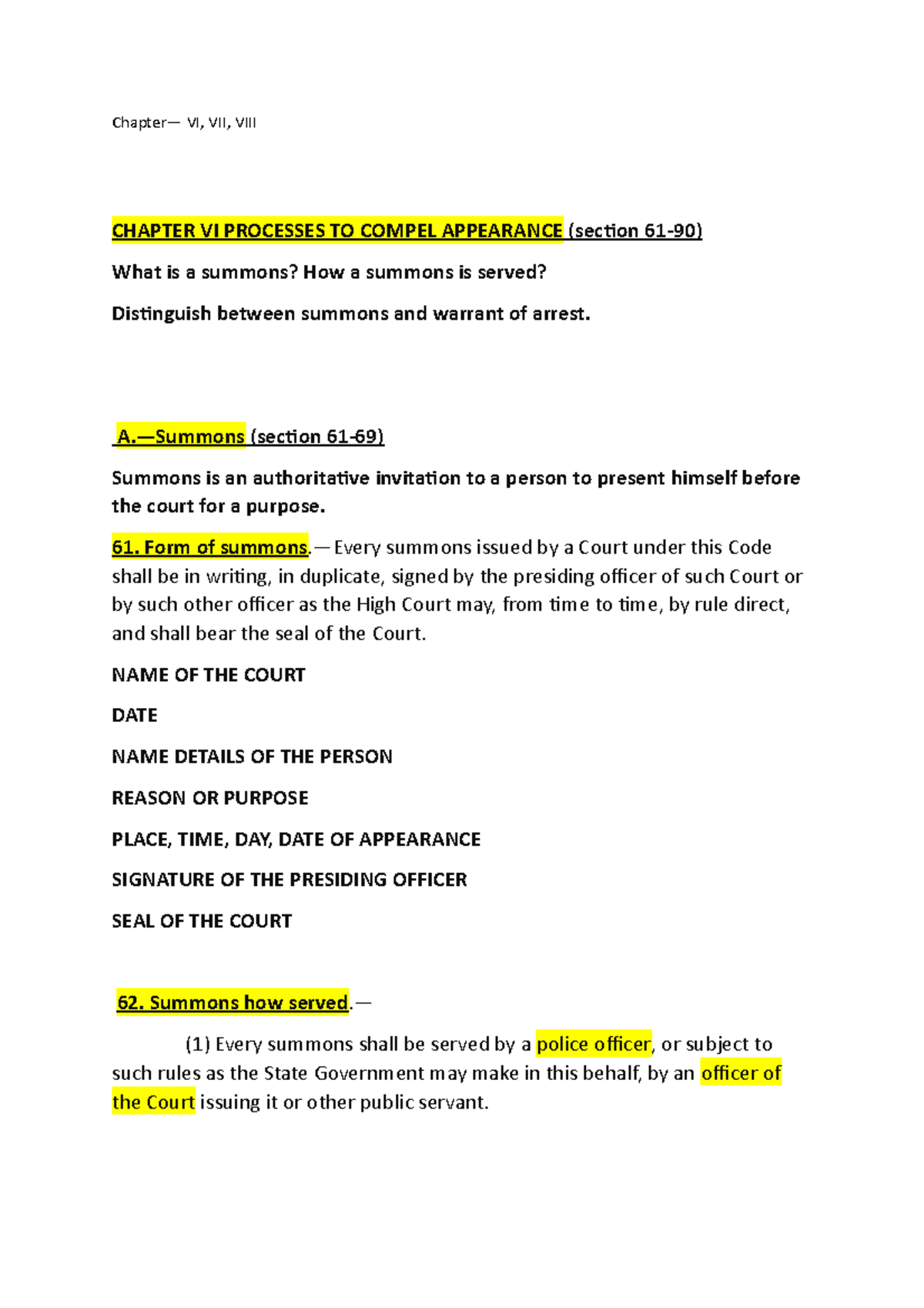 Chapter - Chapter— VI, VII, VIII CHAPTER VI PROCESSES TO COMPEL ...