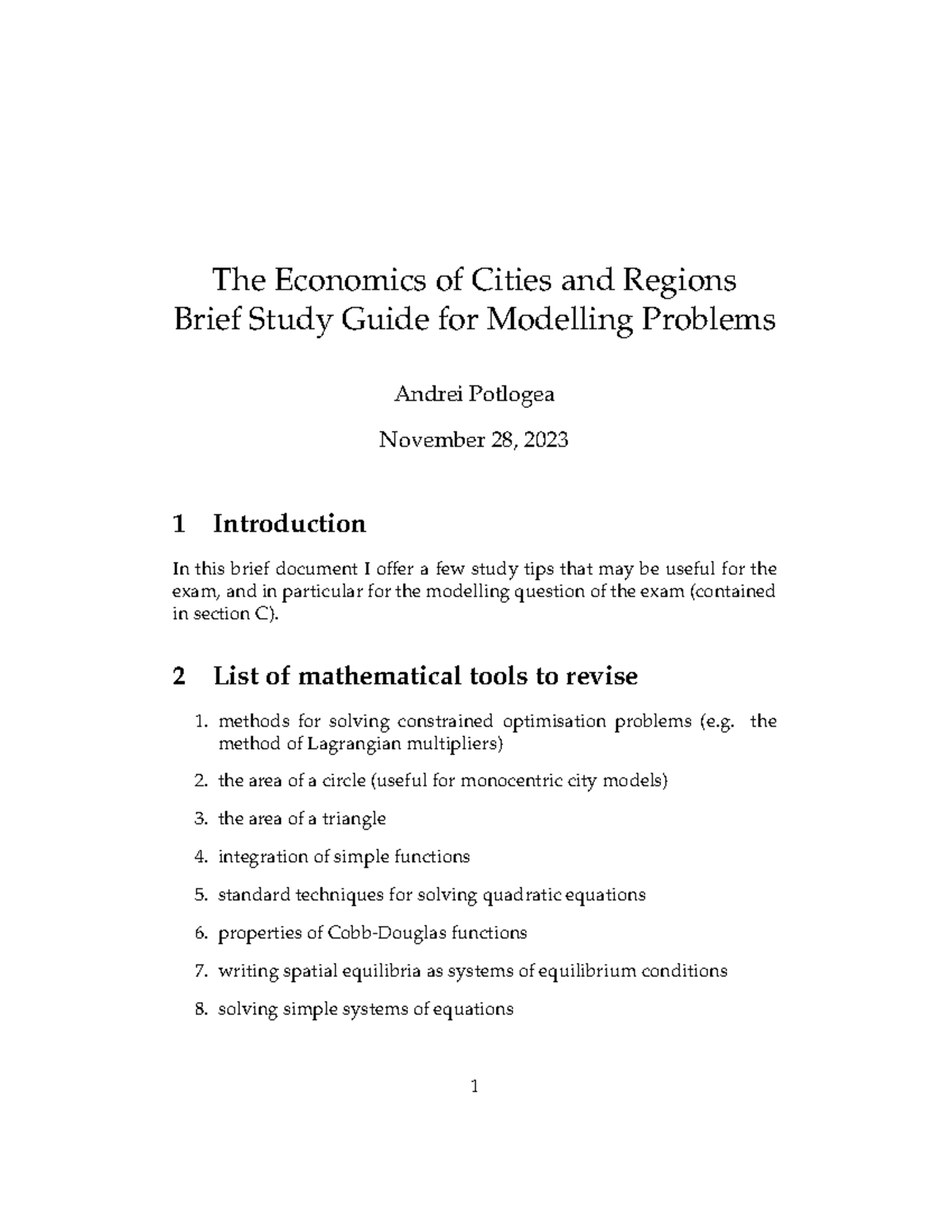 Brief Study Guide For Exams - The Economics of Cities and Regions Brief ...