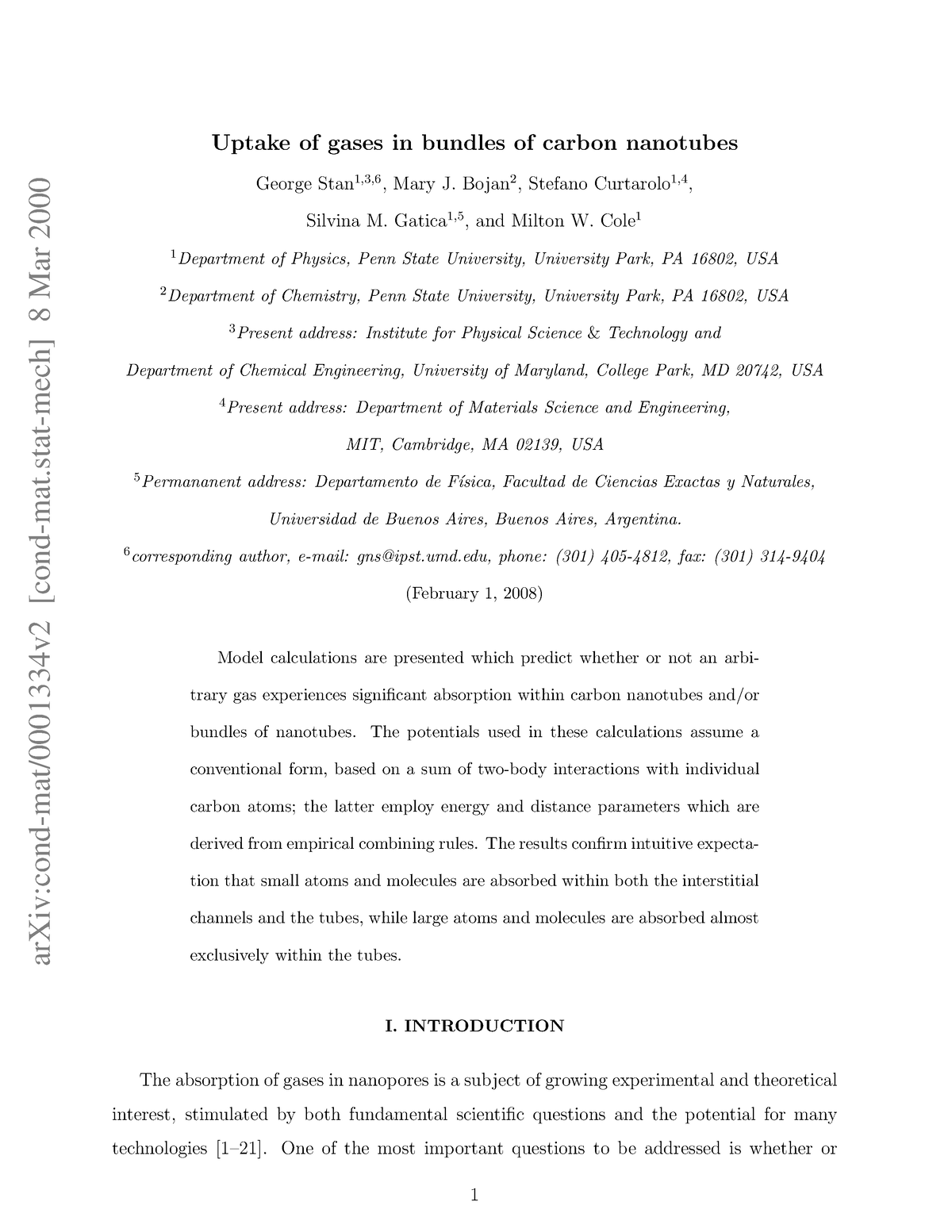 Uptake Of Gases In Bundles Of Carbon Nan - ArXiv:cond-mat/0001334v2 ...