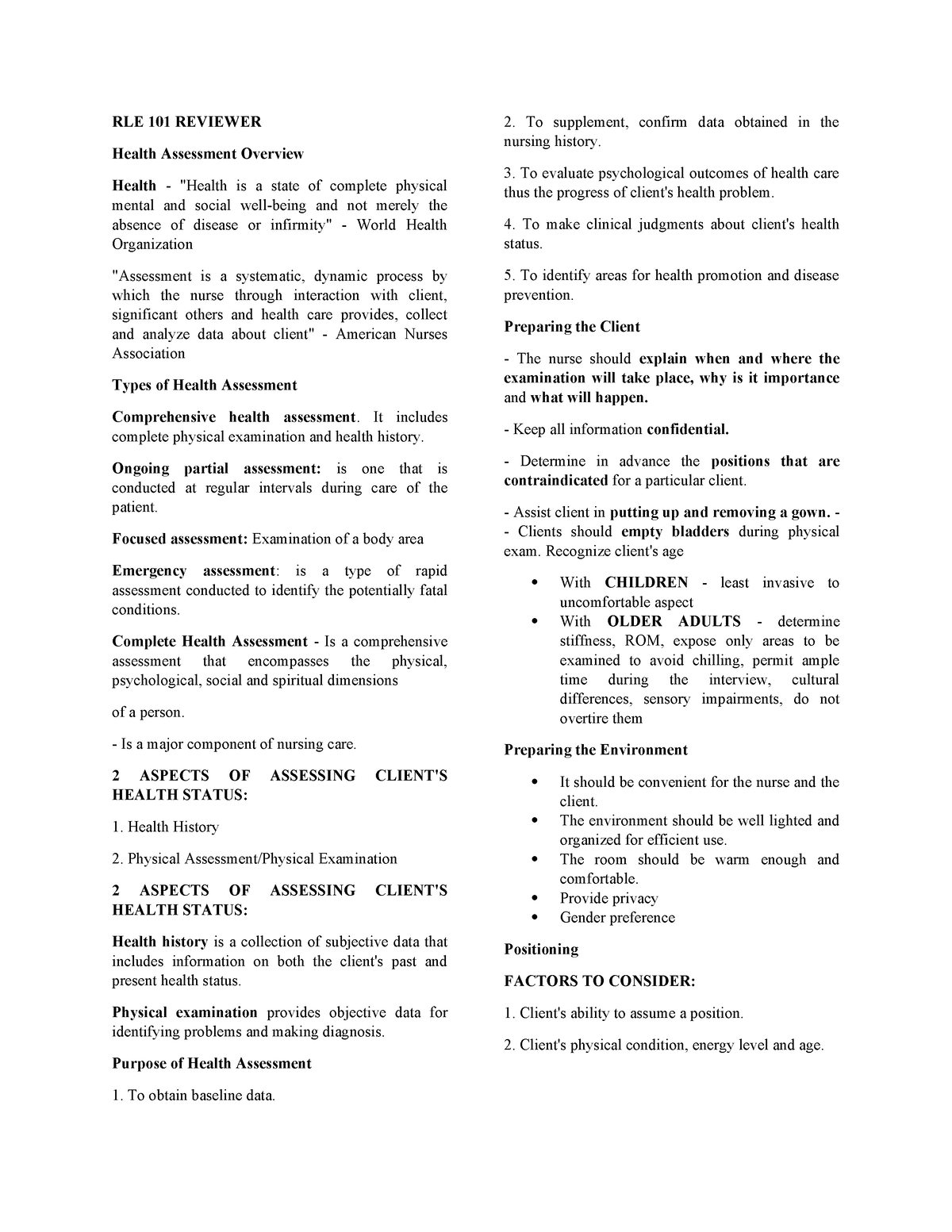 RLE 101 Lecture - RLE 101 REVIEWER Health Assessment Overview Health ...