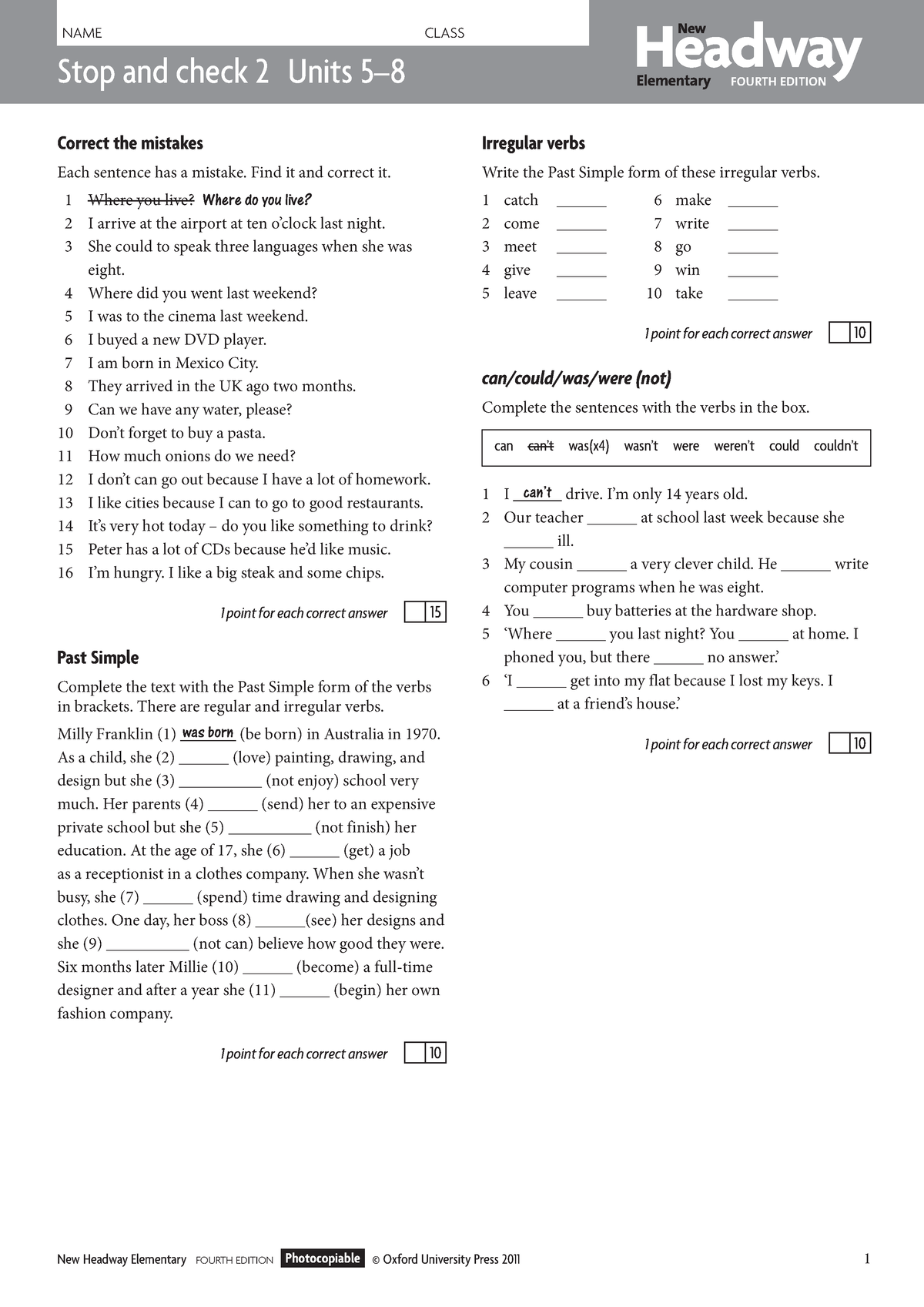 Hw elem trd stop and check test2 - NAME CLASS Headway Elementary FOURTH ...