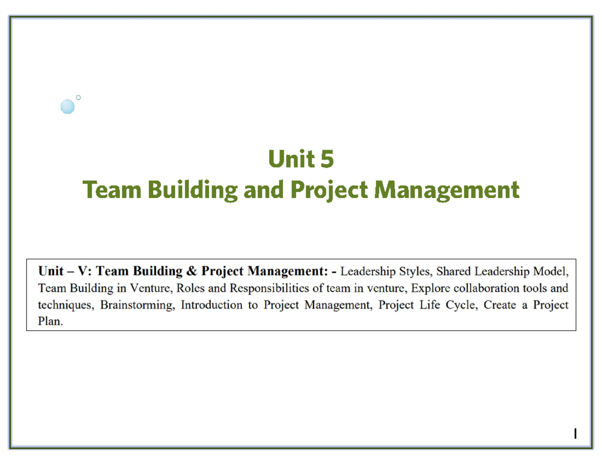 BOE U5 - Basics of entrepreneurship - Unit 5 Team Building and Project ...